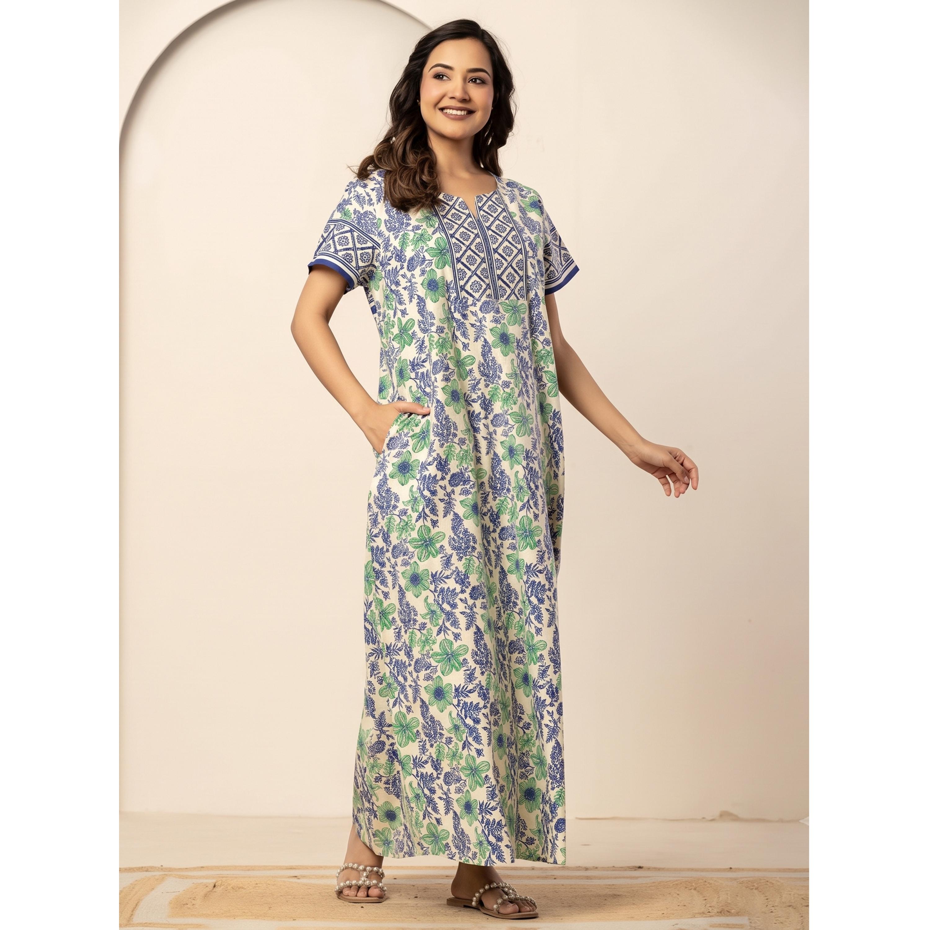 قميص نوم قطن بأكمام قصيرة وطبعة أزهار بلون أزرق-women-clothing-nightwear-nighties-image-2