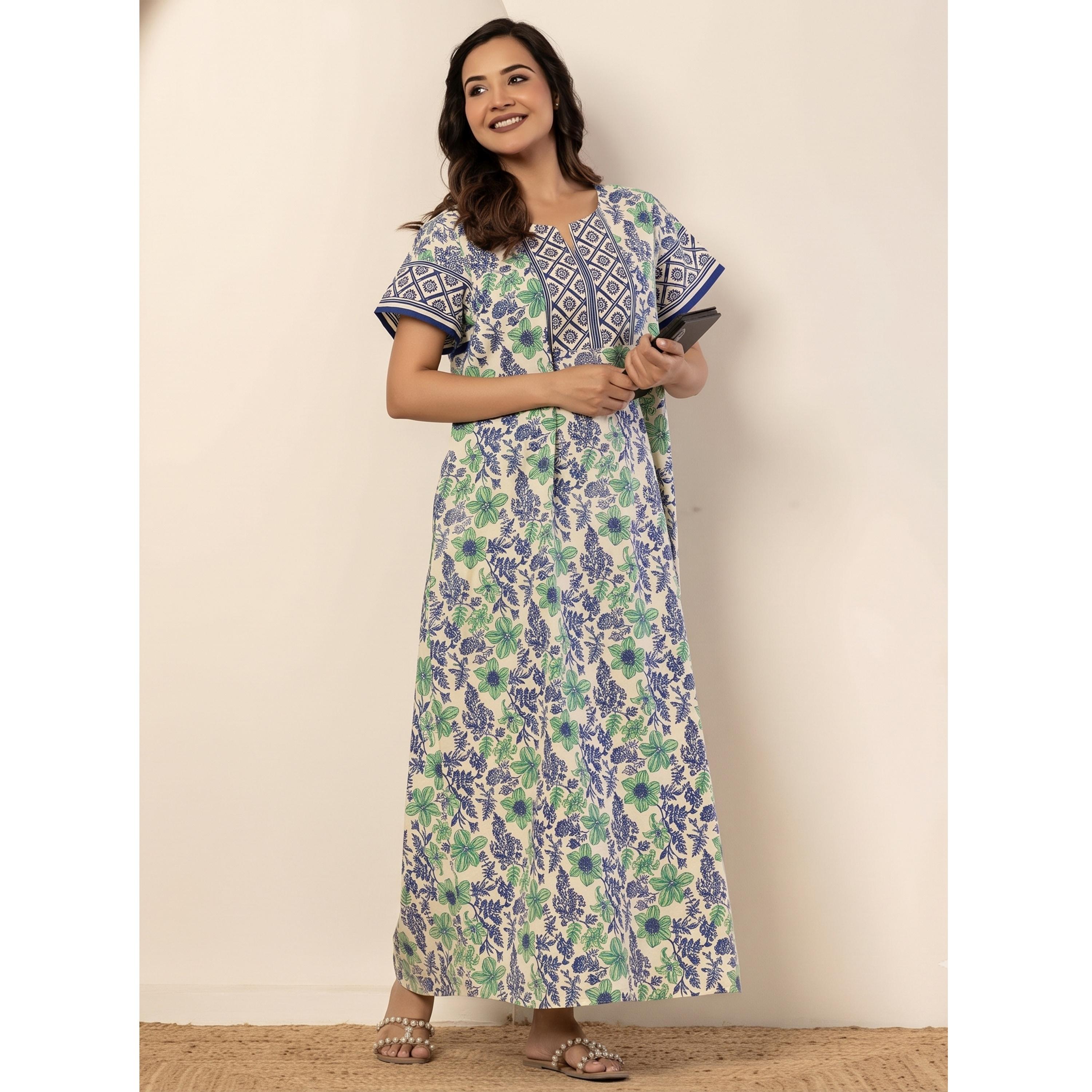 قميص نوم قطن بأكمام قصيرة وطبعة أزهار بلون أزرق-women-clothing-nightwear-nighties-image-3