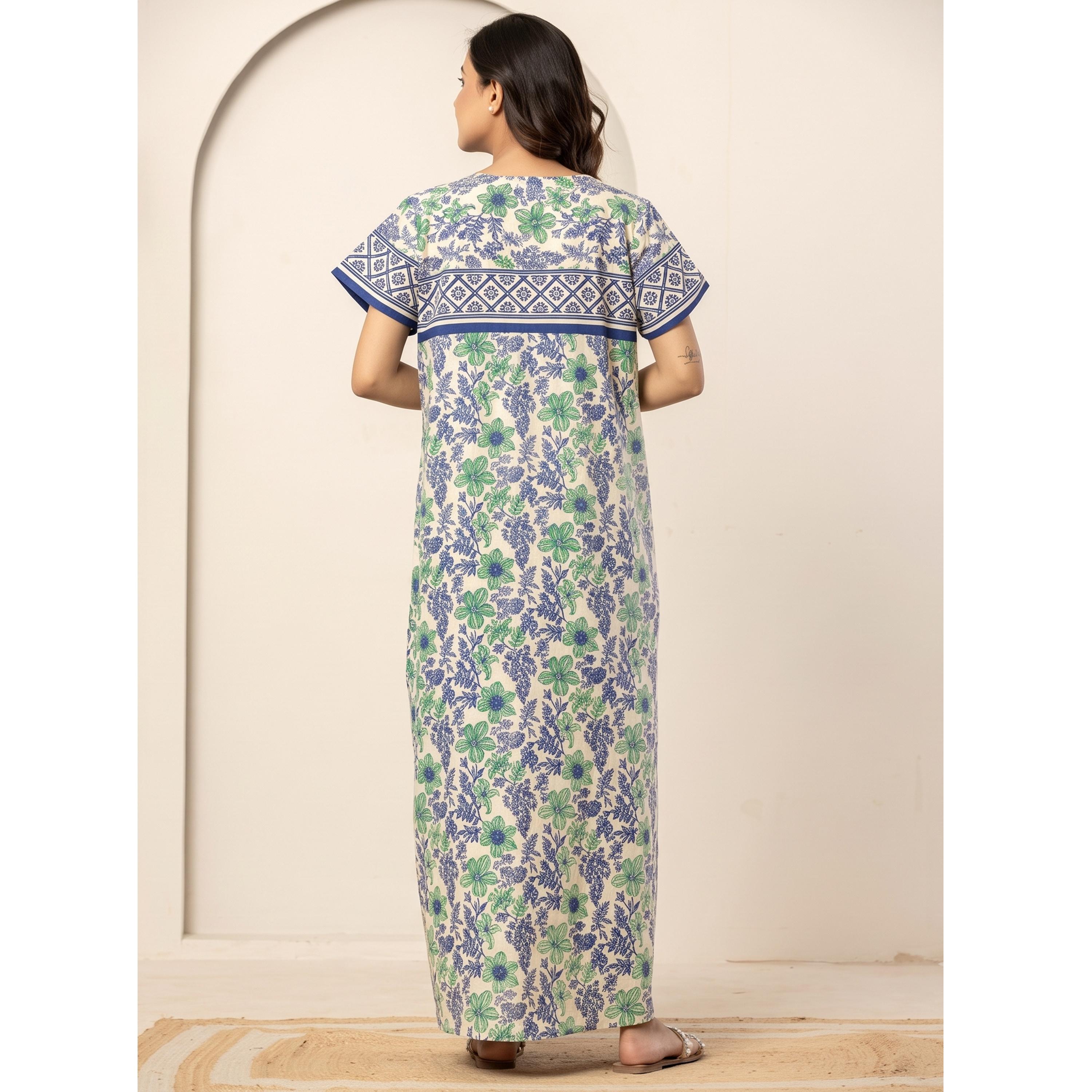 قميص نوم قطن بأكمام قصيرة وطبعة أزهار بلون أزرق-women-clothing-nightwear-nighties-image-4