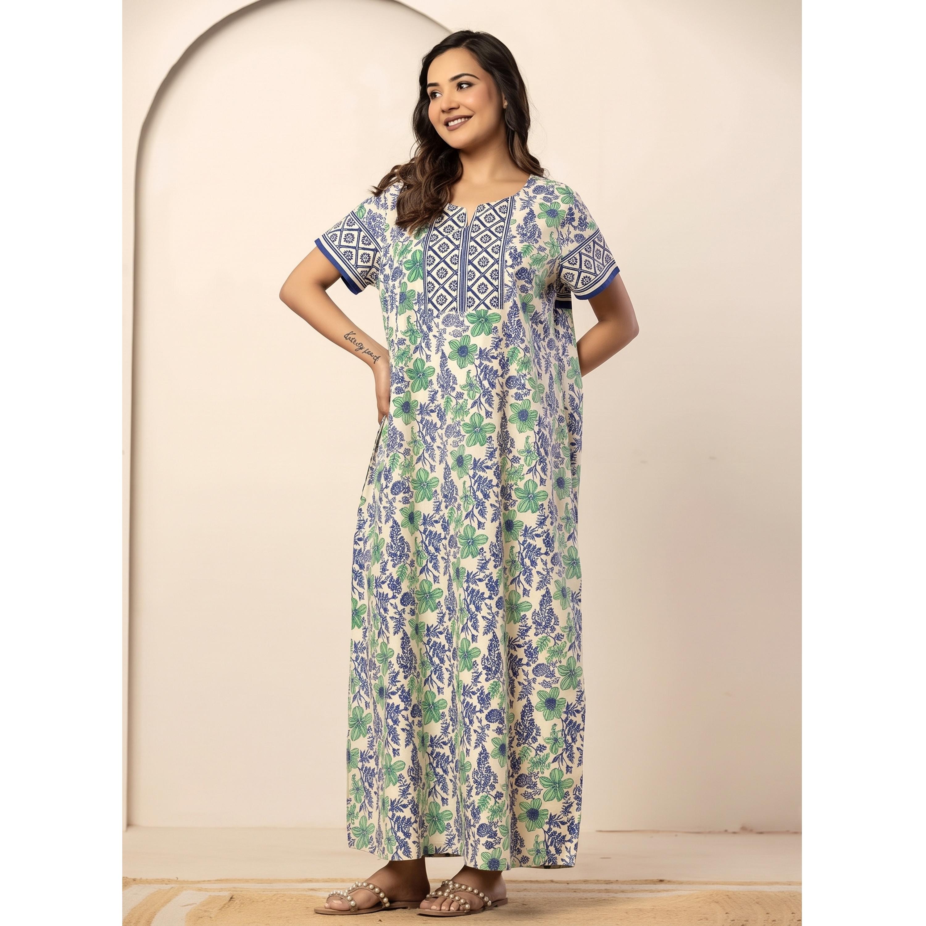 قميص نوم قطن بأكمام قصيرة وطبعة أزهار بلون أزرق-women-clothing-nightwear-nighties-image-5