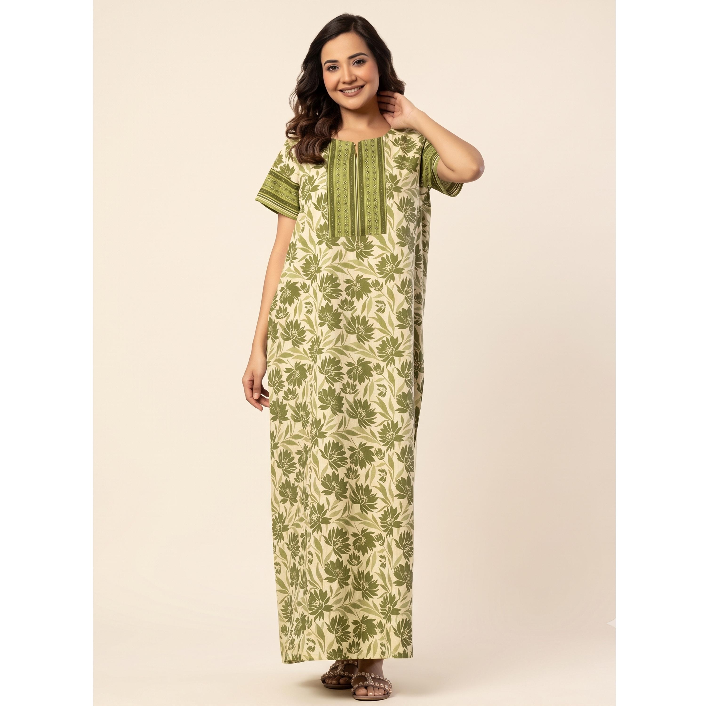 قميص نوم قطن بأكمام قصيرة وطبعة أزهار بلون أخضر-women-clothing-nightwear-nighties-image-4