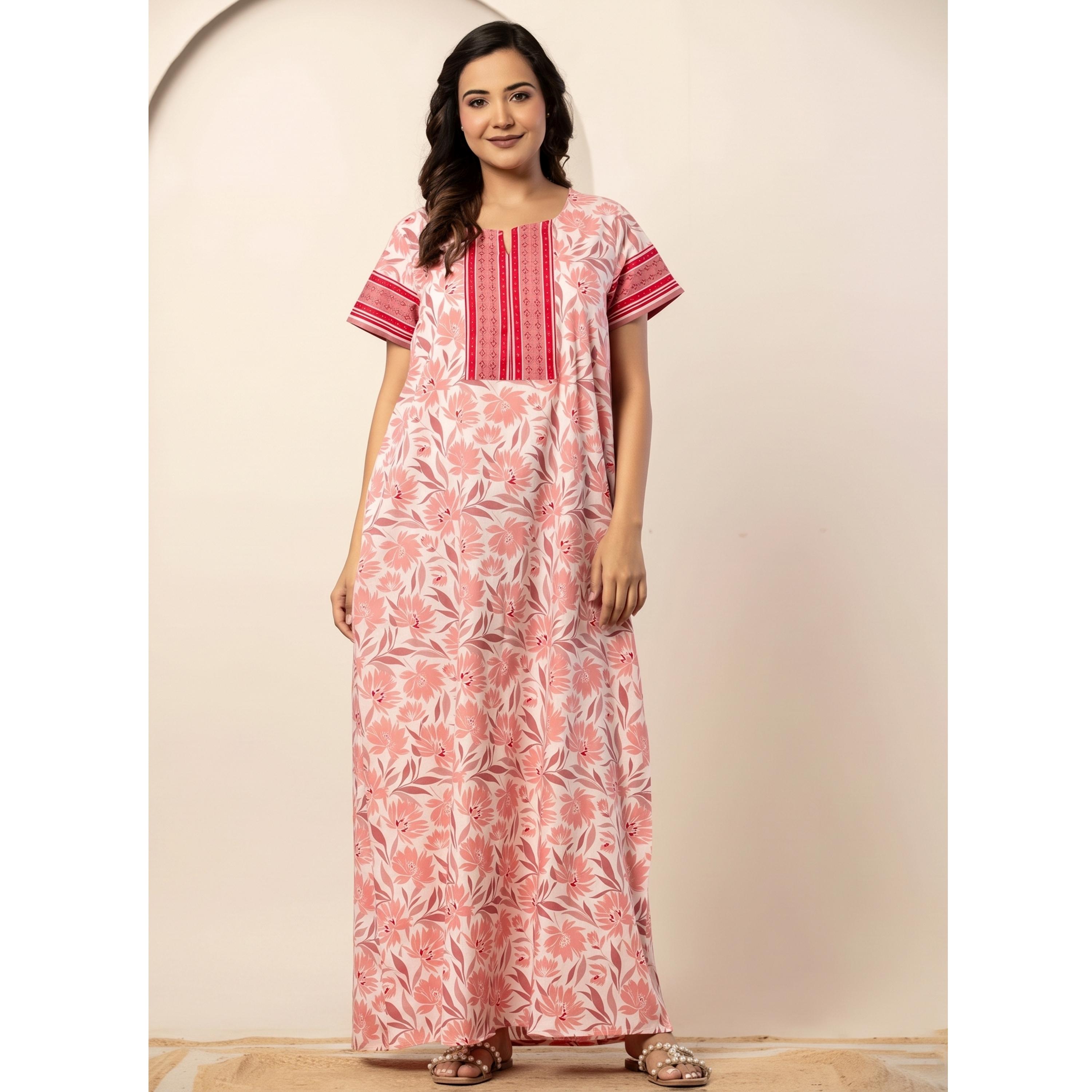 قميص نوم قطن بأكمام قصيرة وطبعة أزهار بلون وردي-women-clothing-nightwear-nighties-image-1