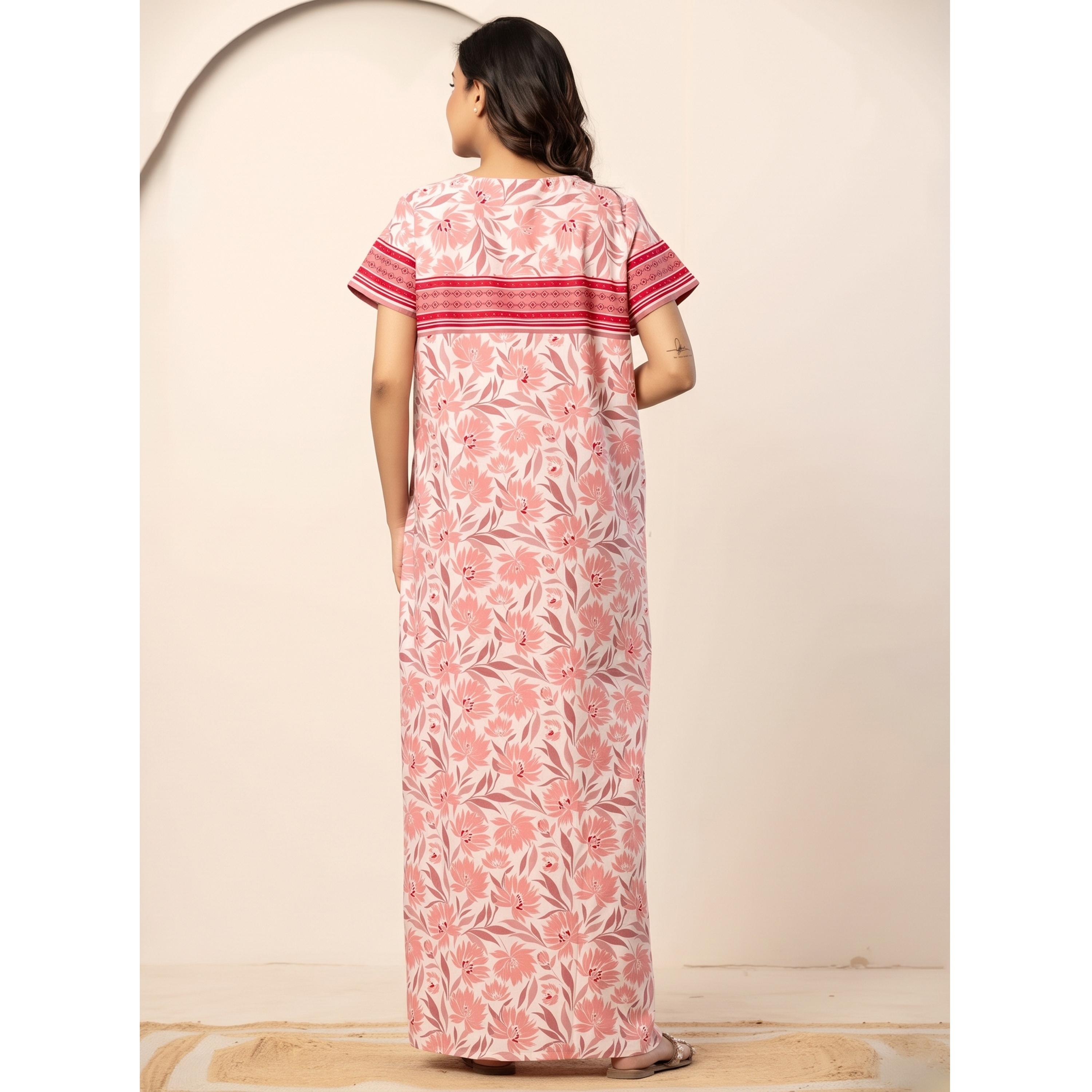 قميص نوم قطن بأكمام قصيرة وطبعة أزهار بلون وردي-women-clothing-nightwear-nighties-image-2