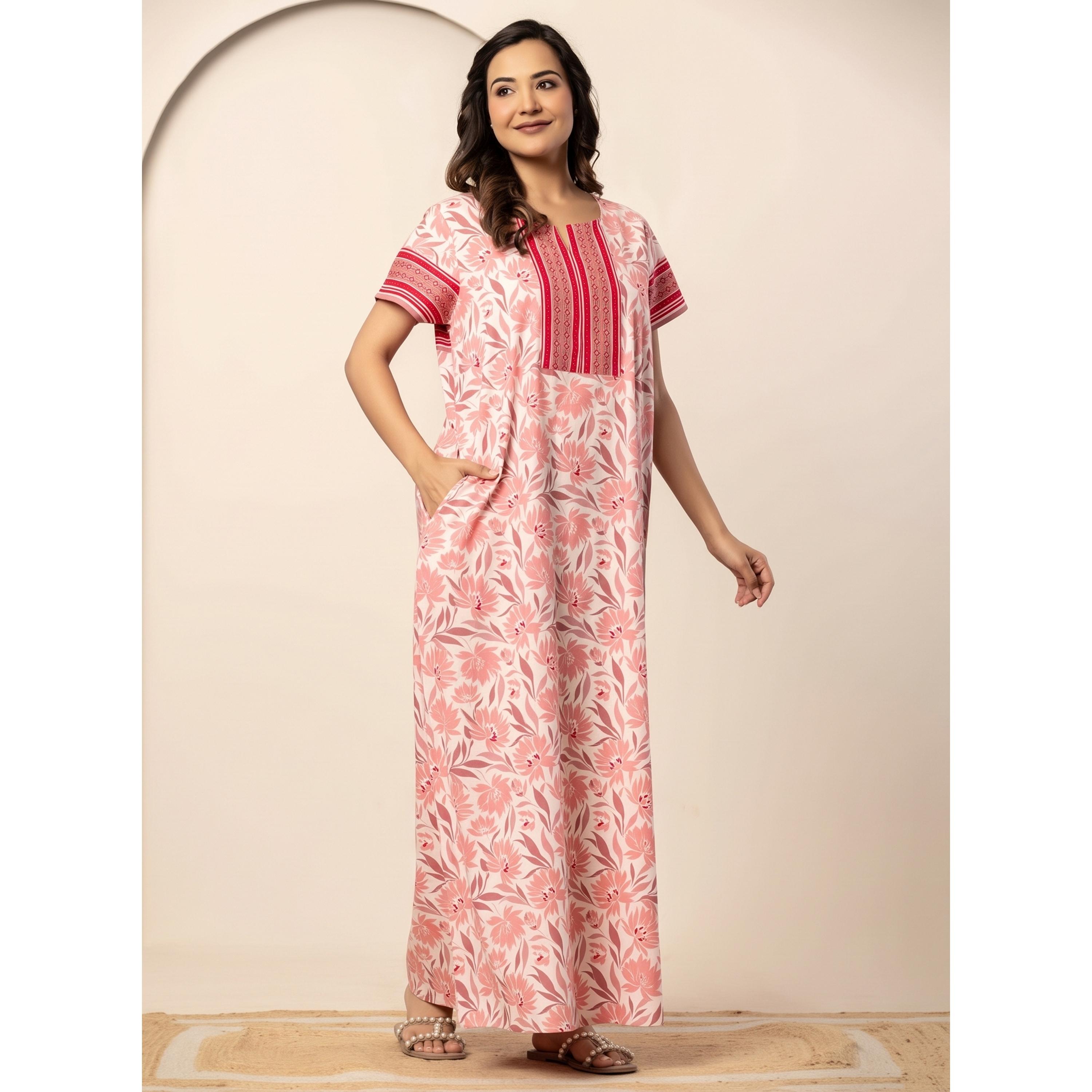 قميص نوم قطن بأكمام قصيرة وطبعة أزهار بلون وردي-women-clothing-nightwear-nighties-image-3