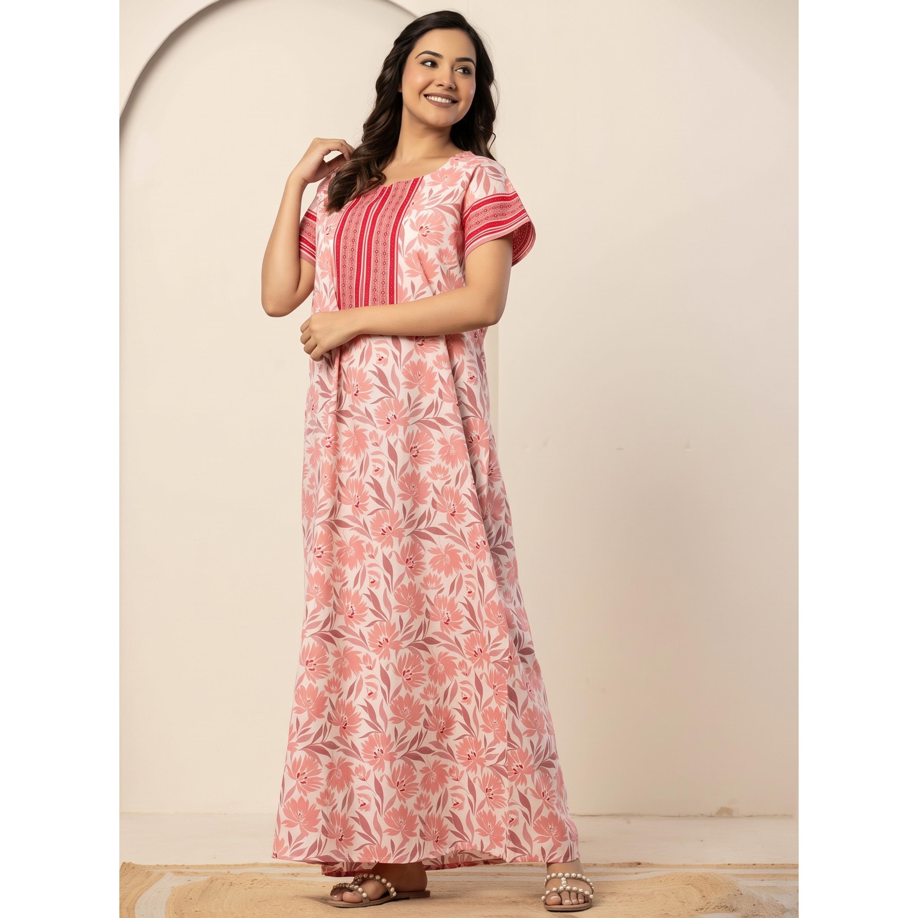 قميص نوم قطن بأكمام قصيرة وطبعة أزهار بلون وردي-women-clothing-nightwear-nighties-image-4