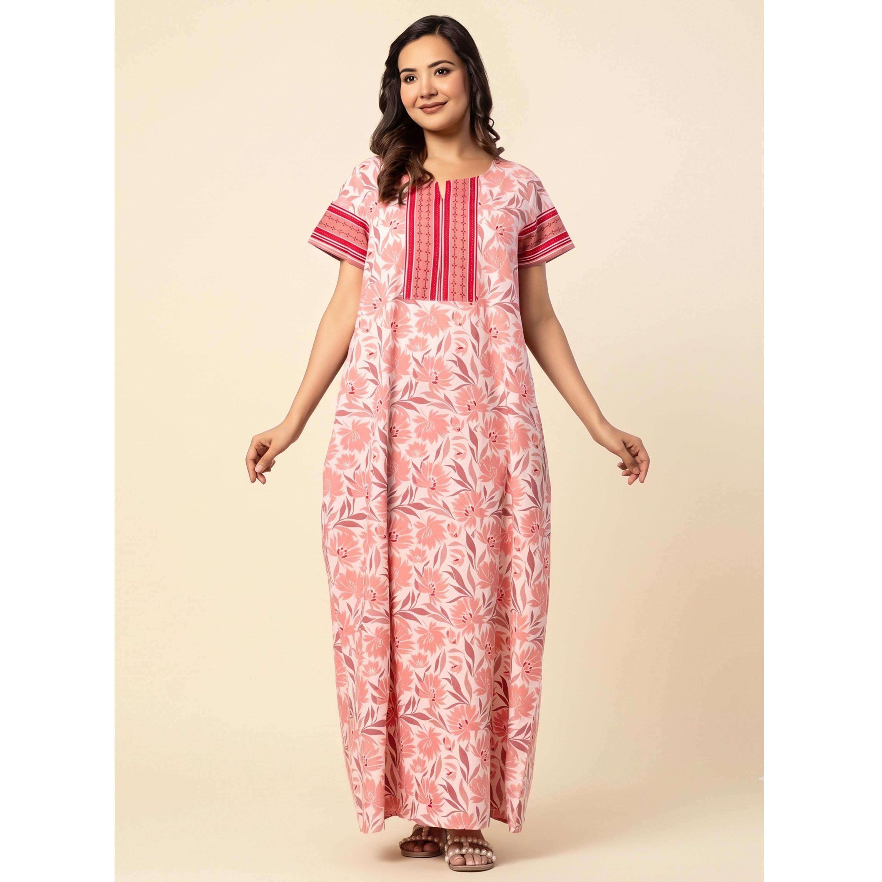 قميص نوم قطن بأكمام قصيرة وطبعة أزهار بلون وردي-women-clothing-nightwear-nighties-image-5