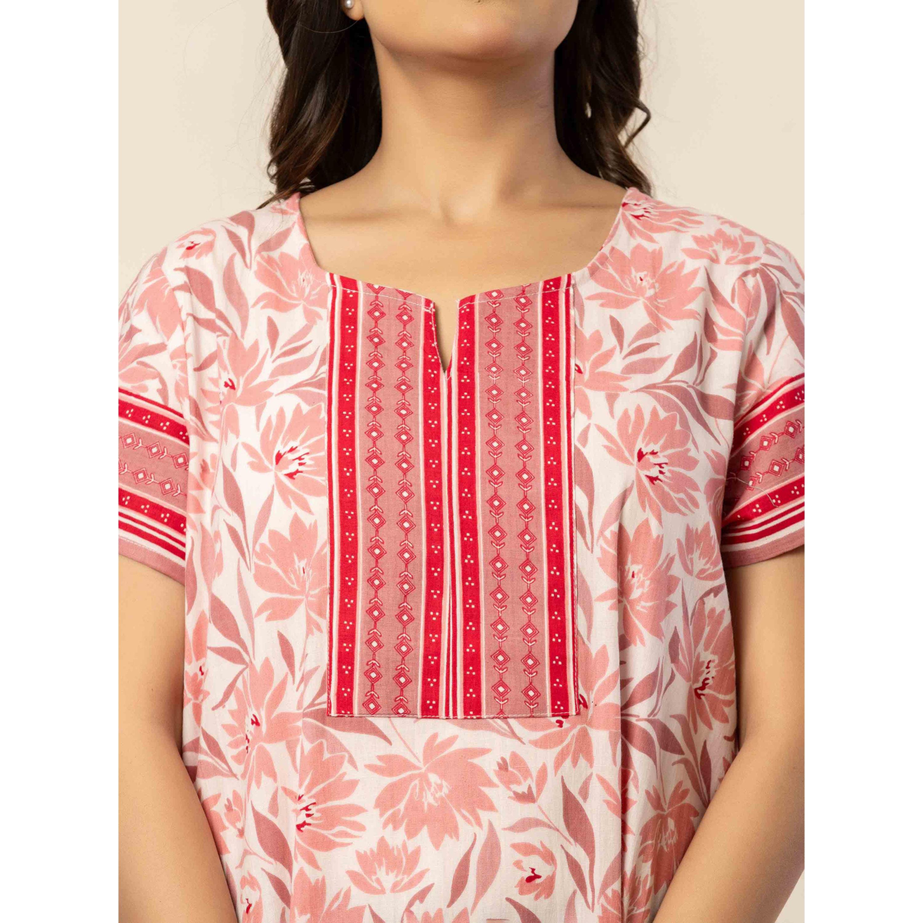 قميص نوم قطن بأكمام قصيرة وطبعة أزهار بلون وردي-women-clothing-nightwear-nighties-image-6