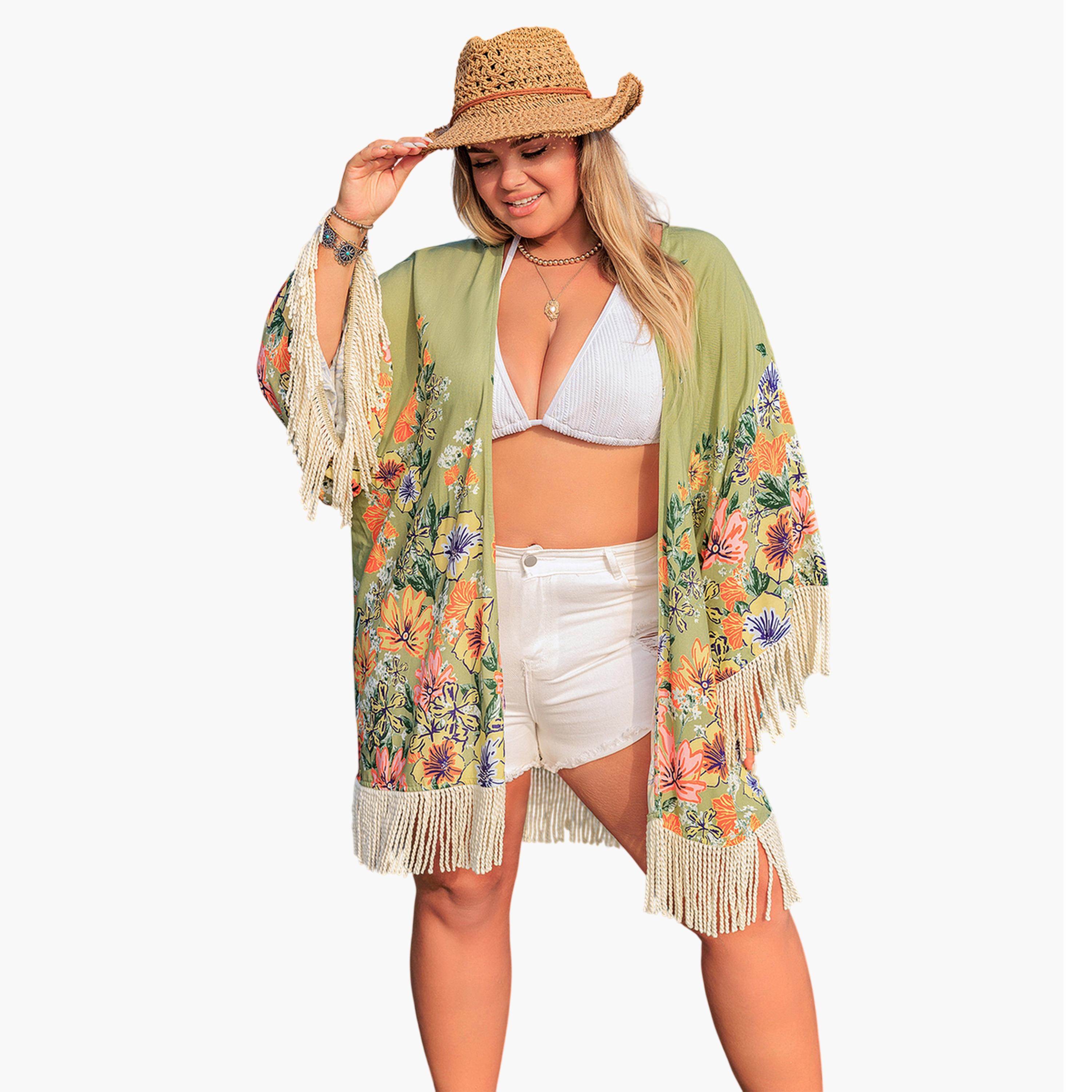 Take Two Plus Size Green Floral Kimono With Tassels-women-clothing-coatsandjackets-jackets-image-1