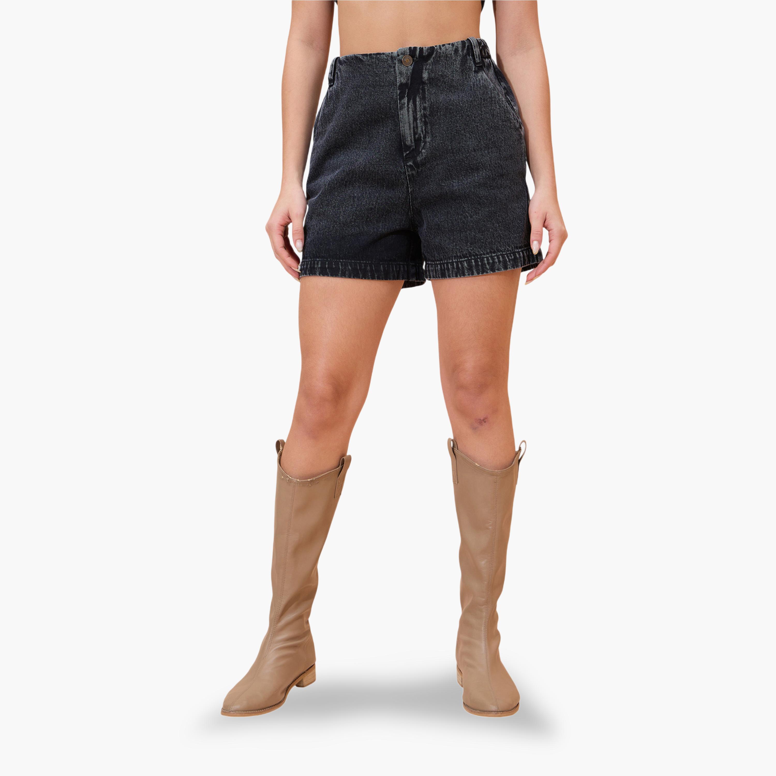 Sassafras X Styli Black Solid Washed Denim Shorts-women-clothing-shorts-image-1