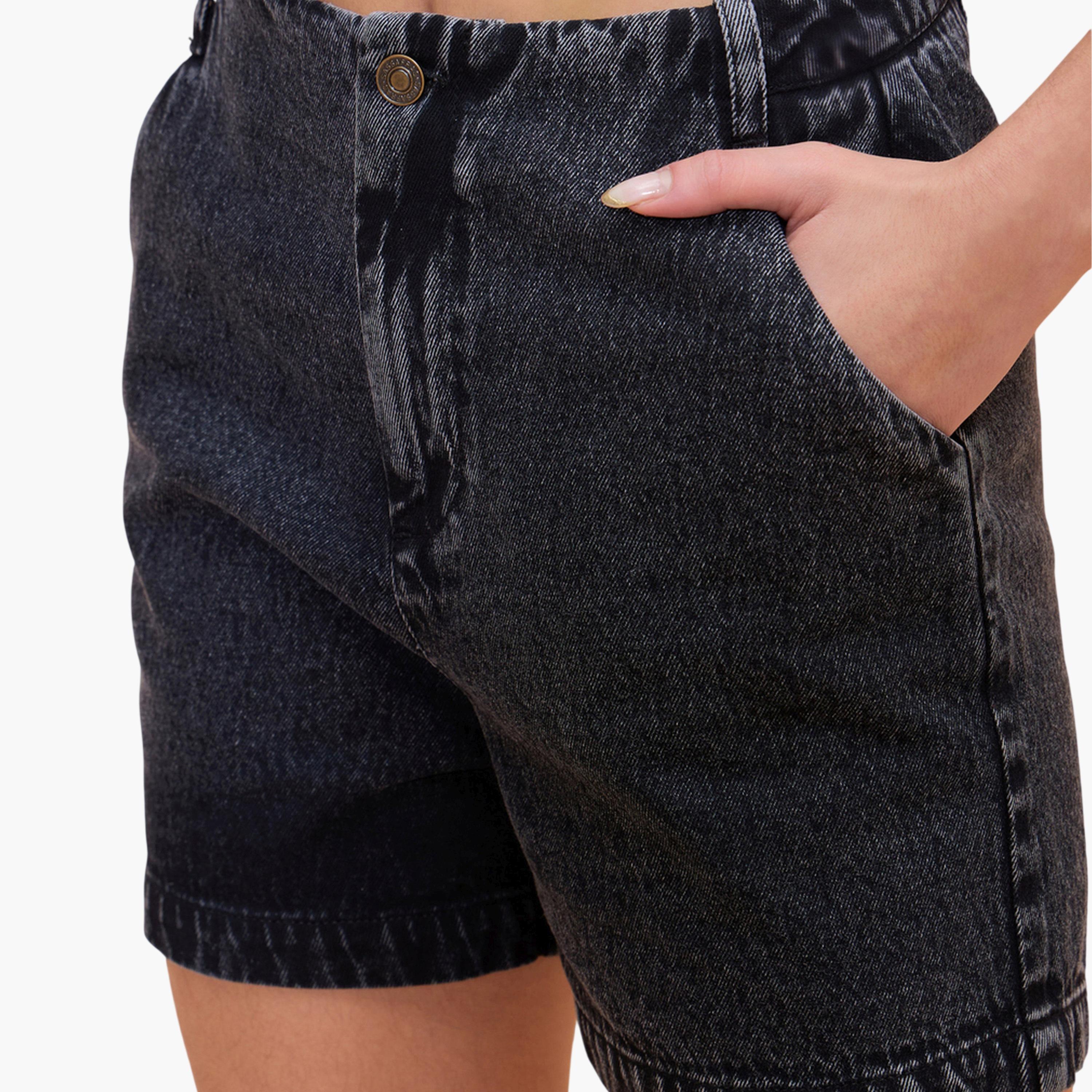 Sassafras X Styli Black Solid Washed Denim Shorts-women-clothing-shorts-image-4