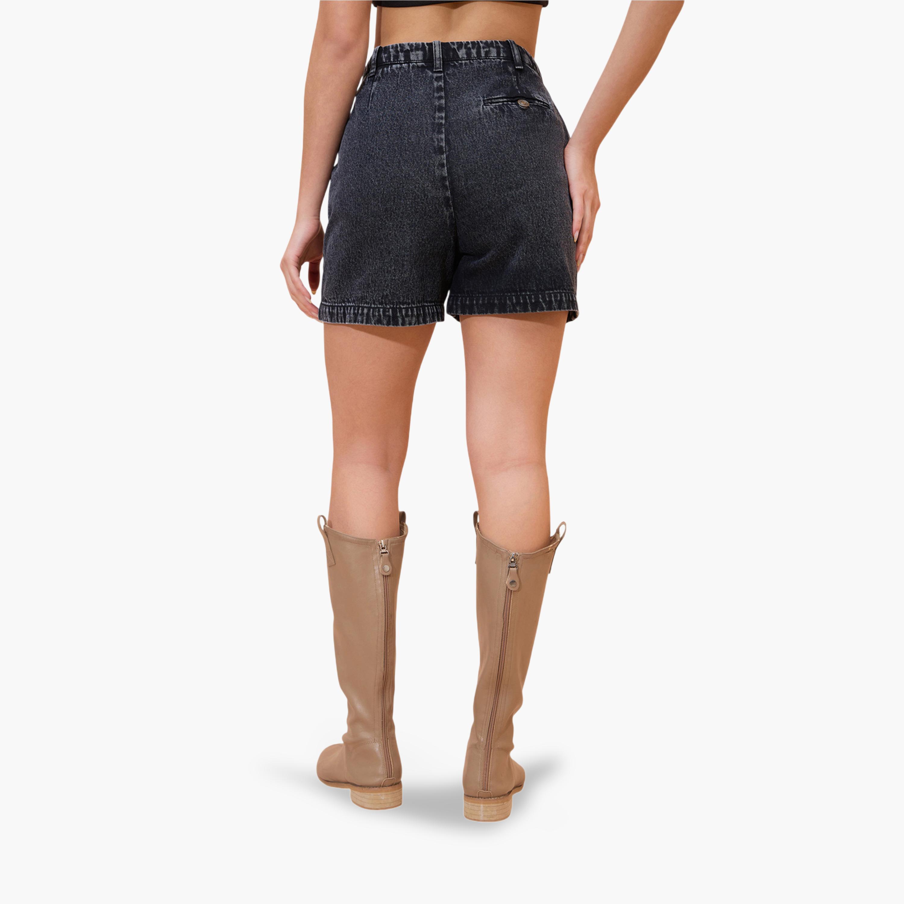 شورت دنيم أسود مغسول سادة-women-clothing-shorts-image-5