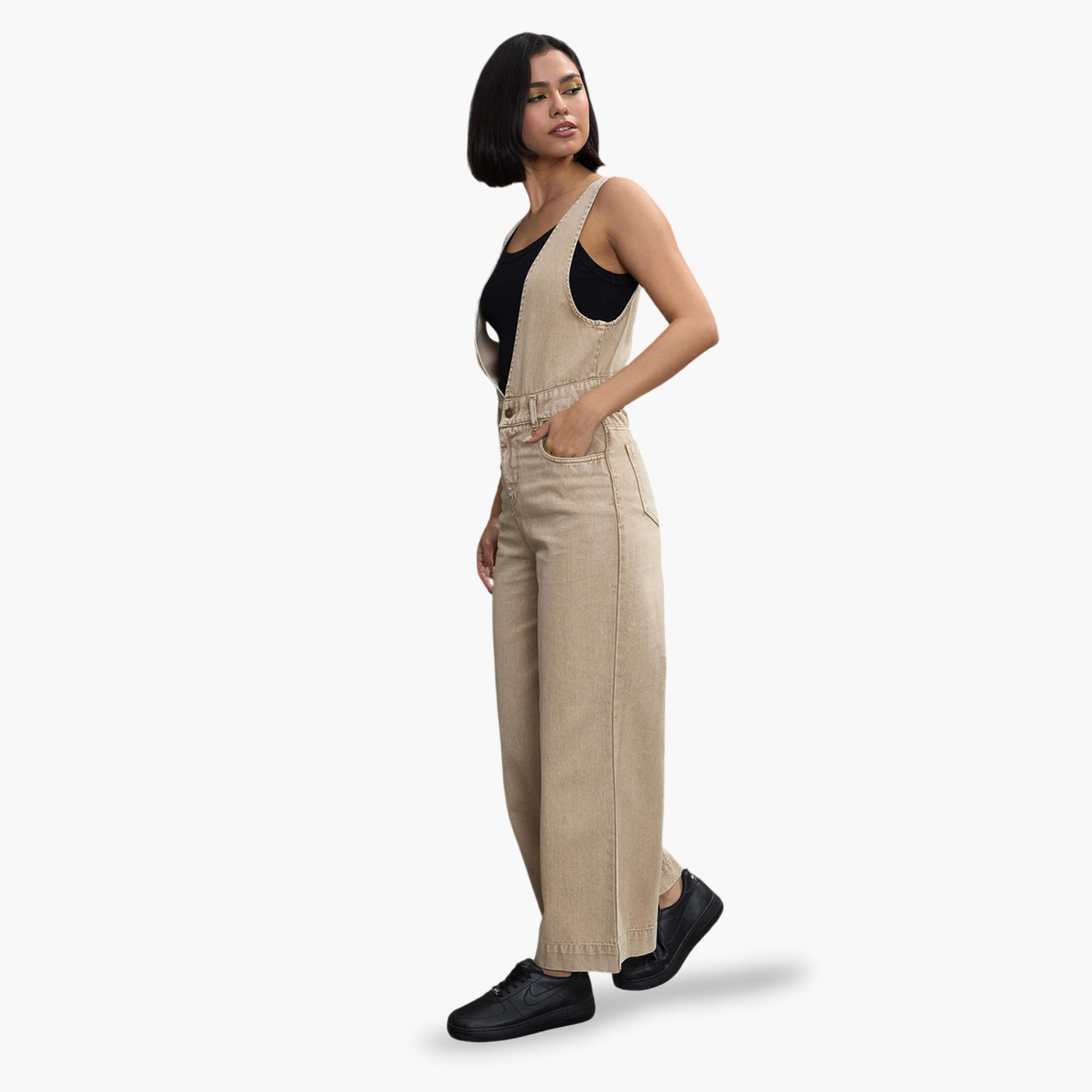 Sassafras X Styli Beige Wide-Leg Denim Jumpsuit with V-Neck-women-clothing-jumpsuits-image-3