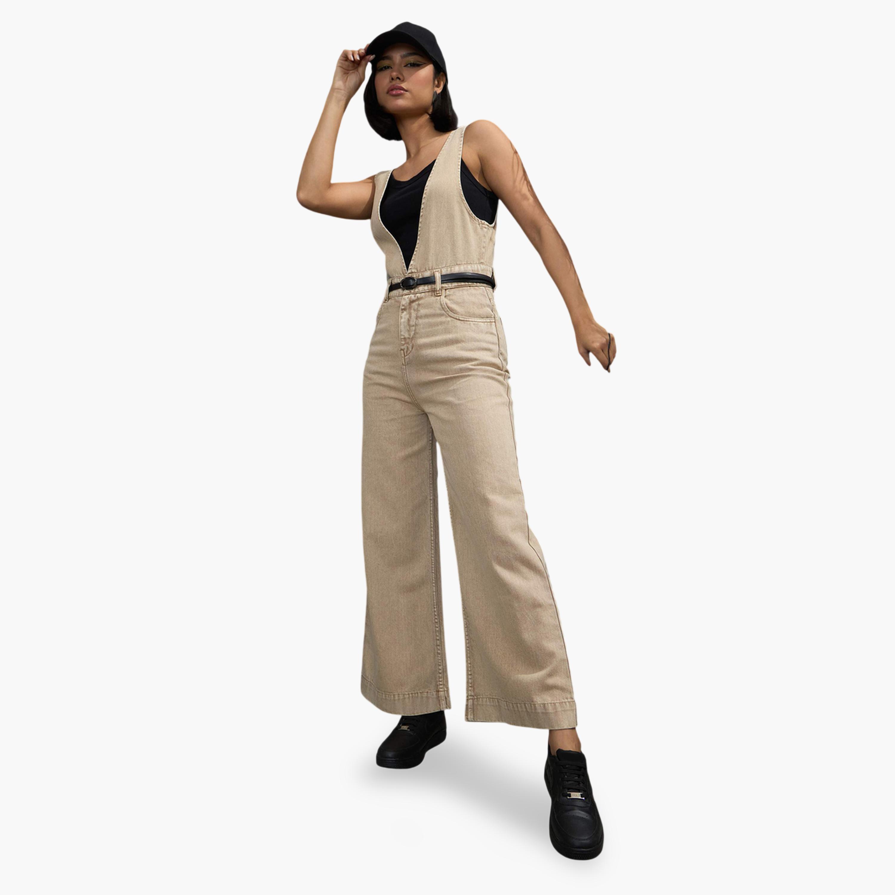 Sassafras X Styli Beige Wide-Leg Denim Jumpsuit with V-Neck-women-clothing-jumpsuits-image-4