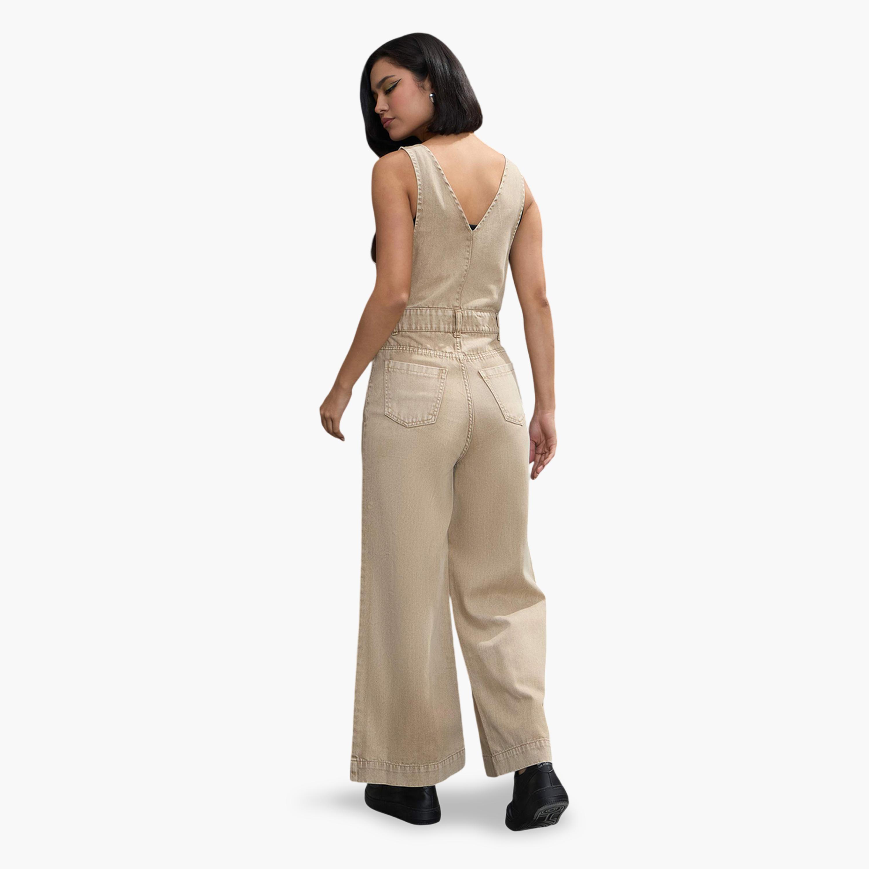 Sassafras X Styli Beige Wide-Leg Denim Jumpsuit with V-Neck-women-clothing-jumpsuits-image-5