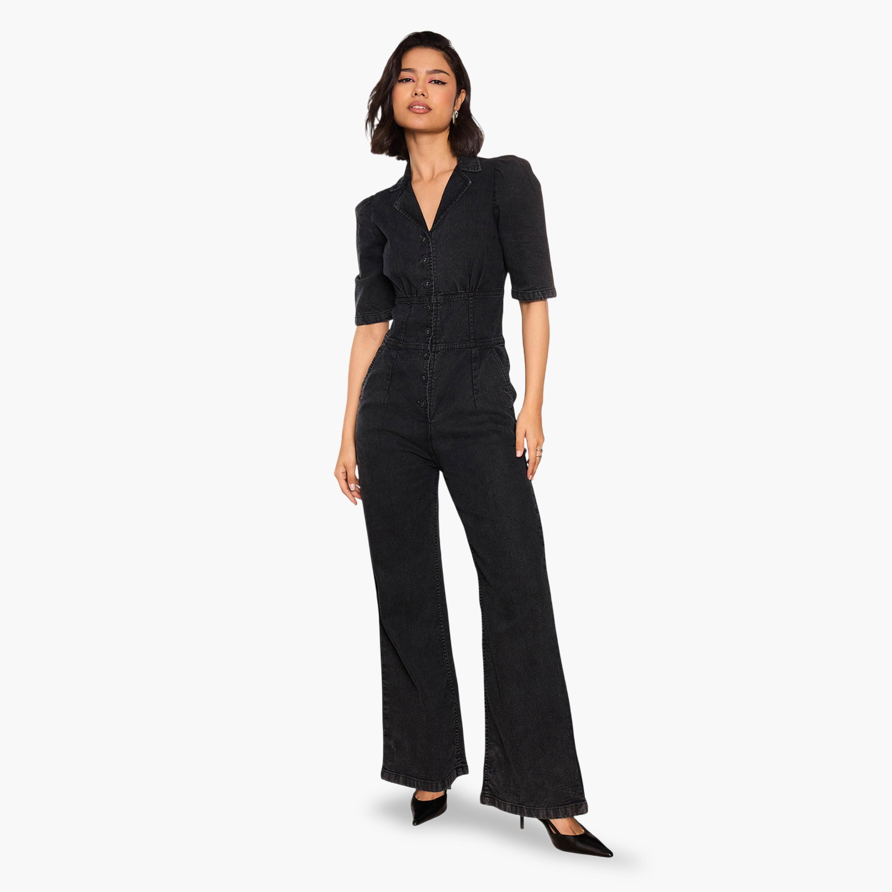 جمبسوت دنيم بياقة باللون الأسود-women-clothing-jumpsuits-image-1