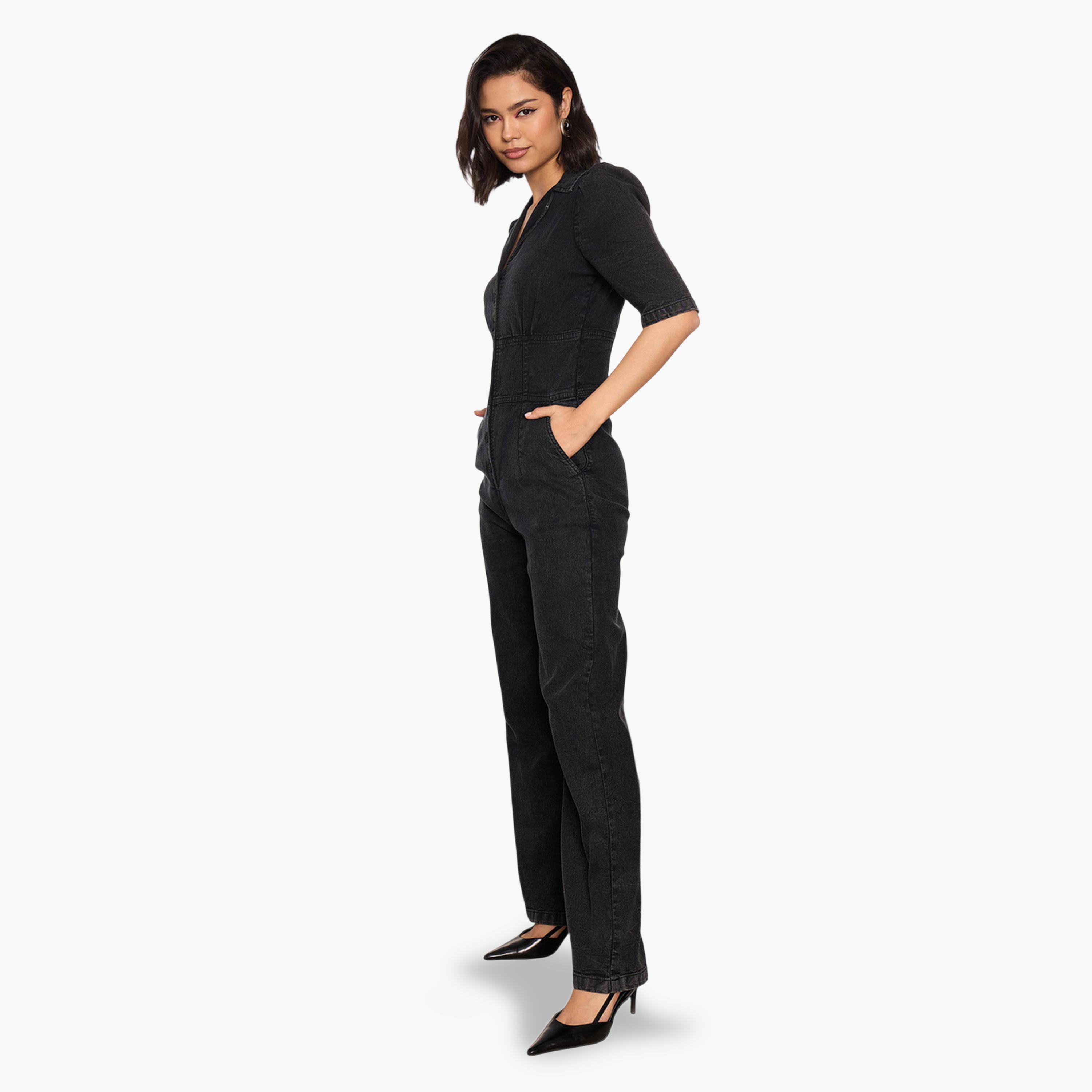 جمبسوت دنيم بياقة باللون الأسود-women-clothing-jumpsuits-image-3