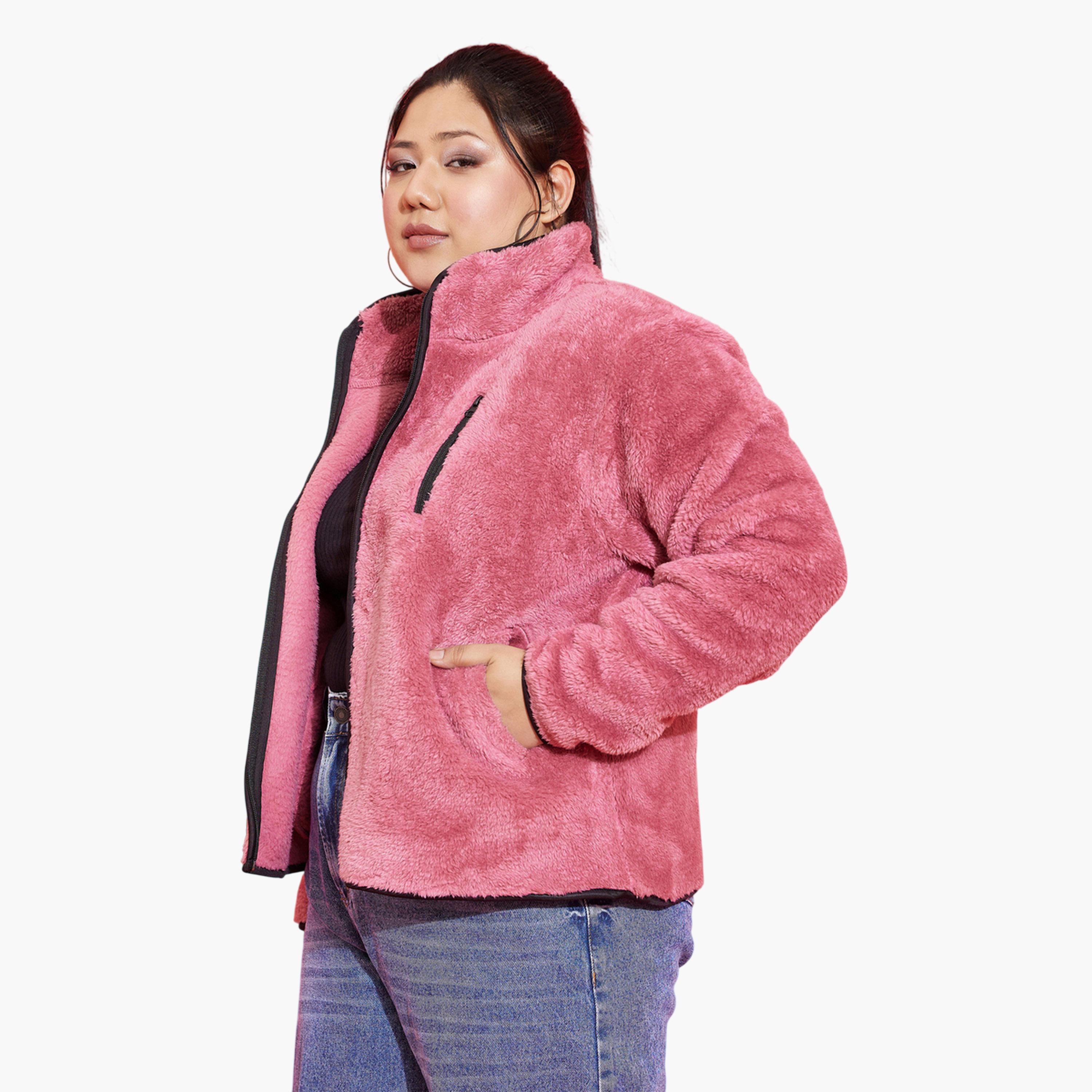 ساسافراس × ستايلي - جاكيت من الصوف الصناعي باللون الوردي بقصة عادية-women-winterwear-coatsandjackets-jackets-image-1