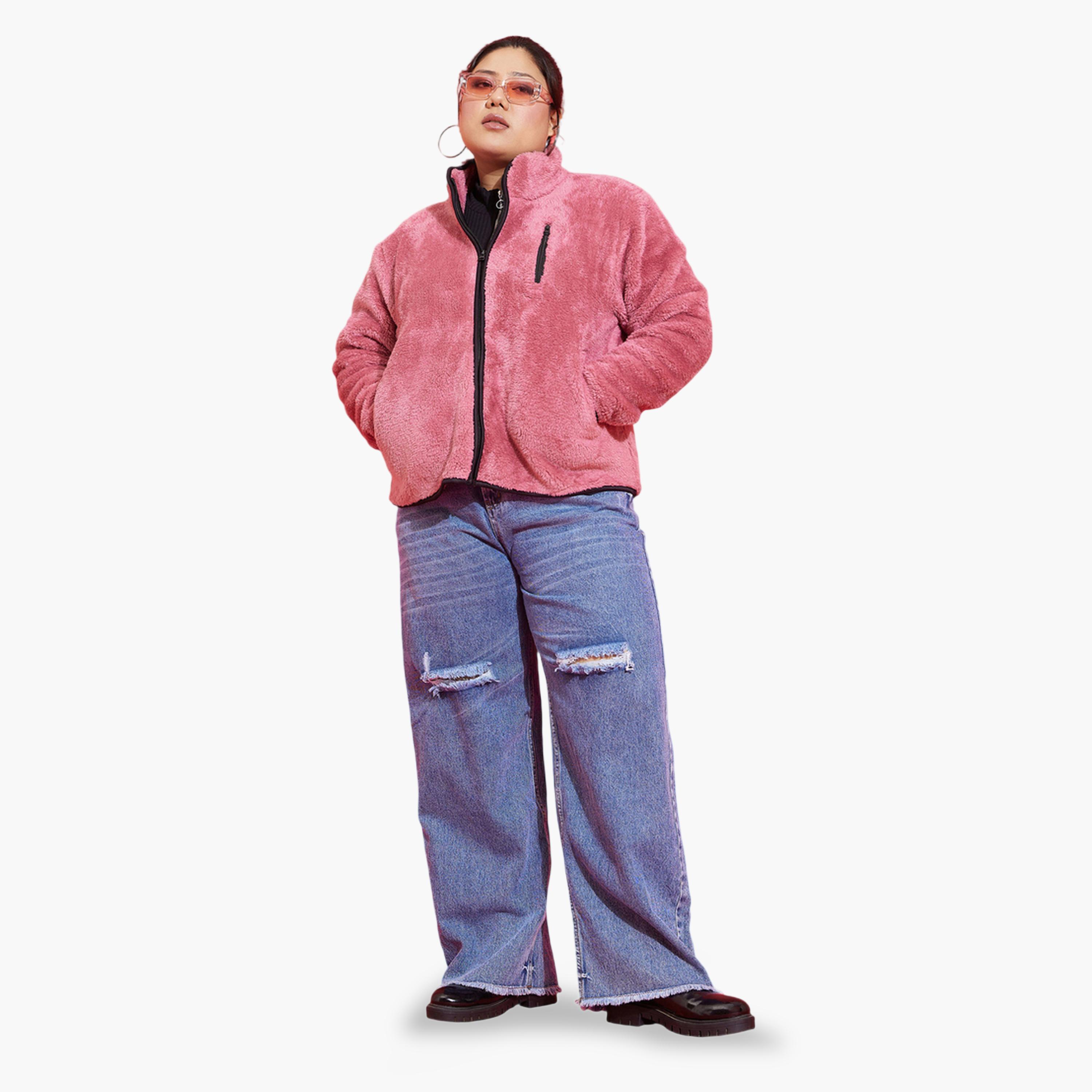 ساسافراس × ستايلي - جاكيت من الصوف الصناعي باللون الوردي بقصة عادية-women-winterwear-coatsandjackets-jackets-image-2