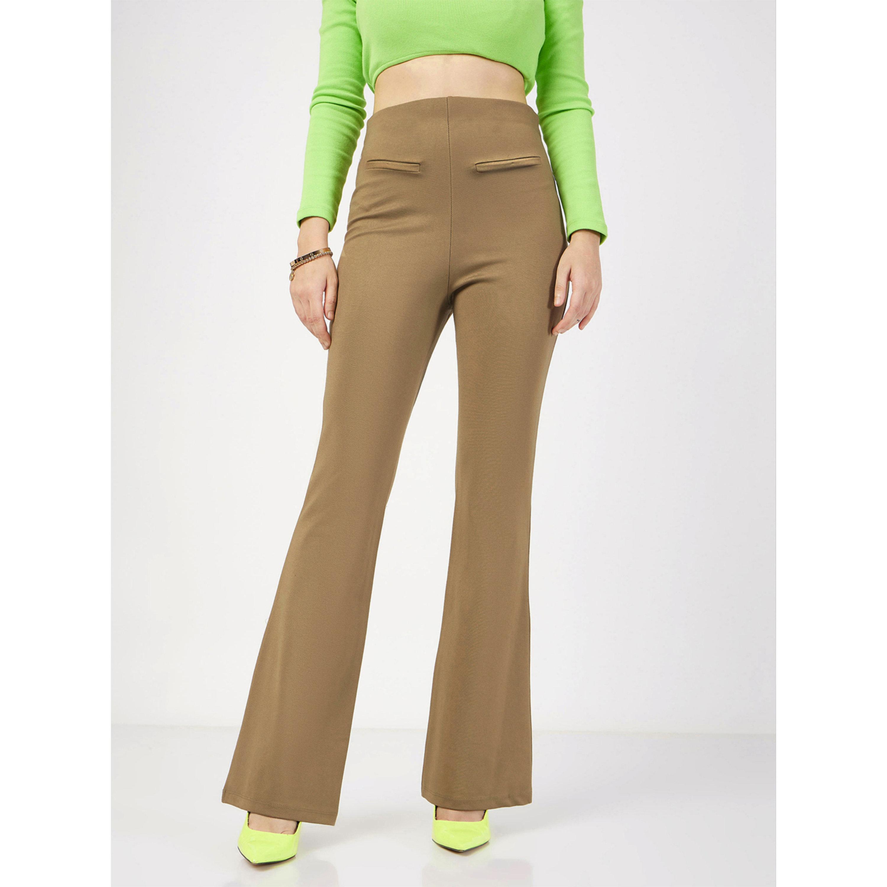 Sassafras X Styli Beige High-Waist Flared Trousers with Faux Pockets-women-clothing-joggers-image-1