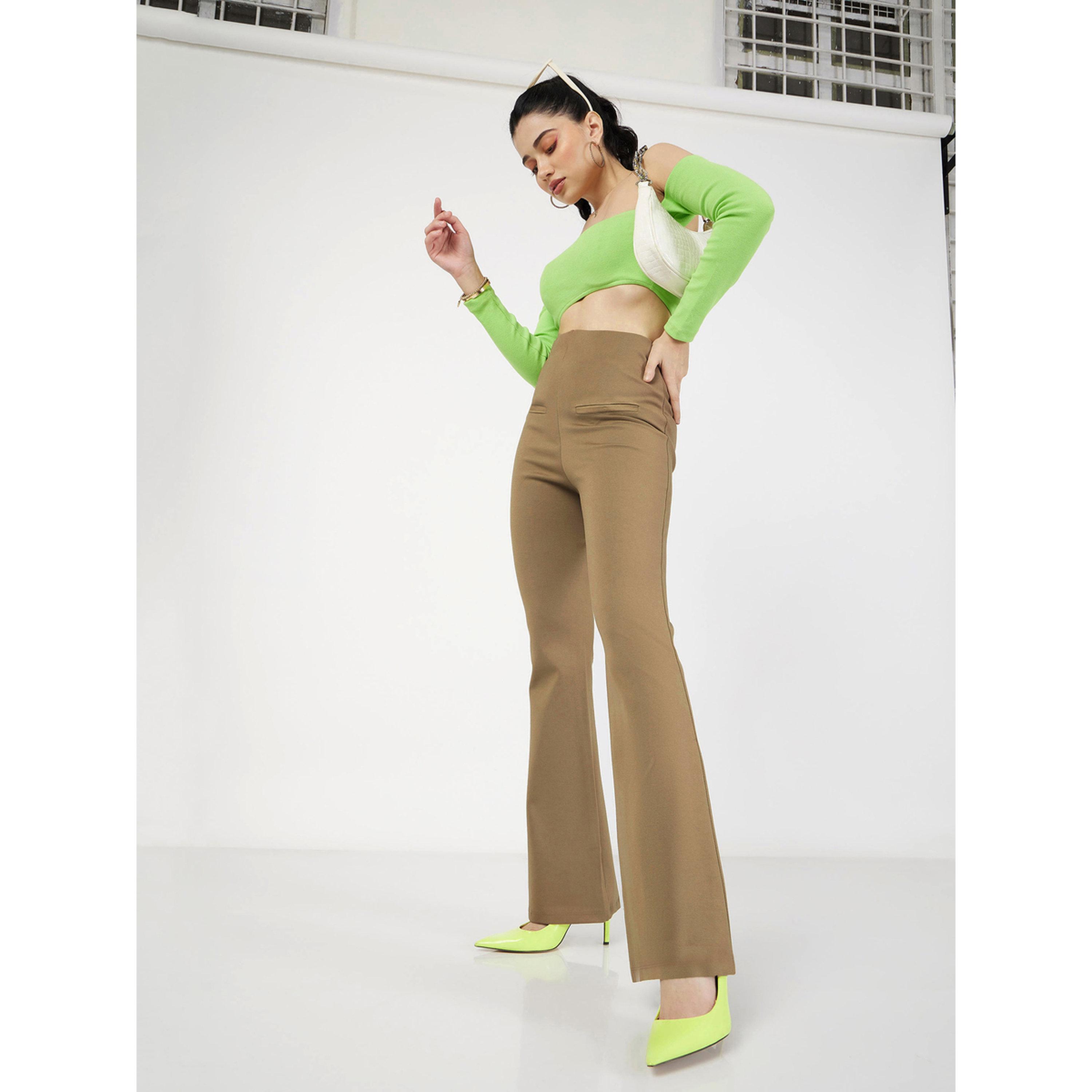 Sassafras X Styli Beige High-Waist Flared Trousers with Faux Pockets-women-clothing-joggers-image-2