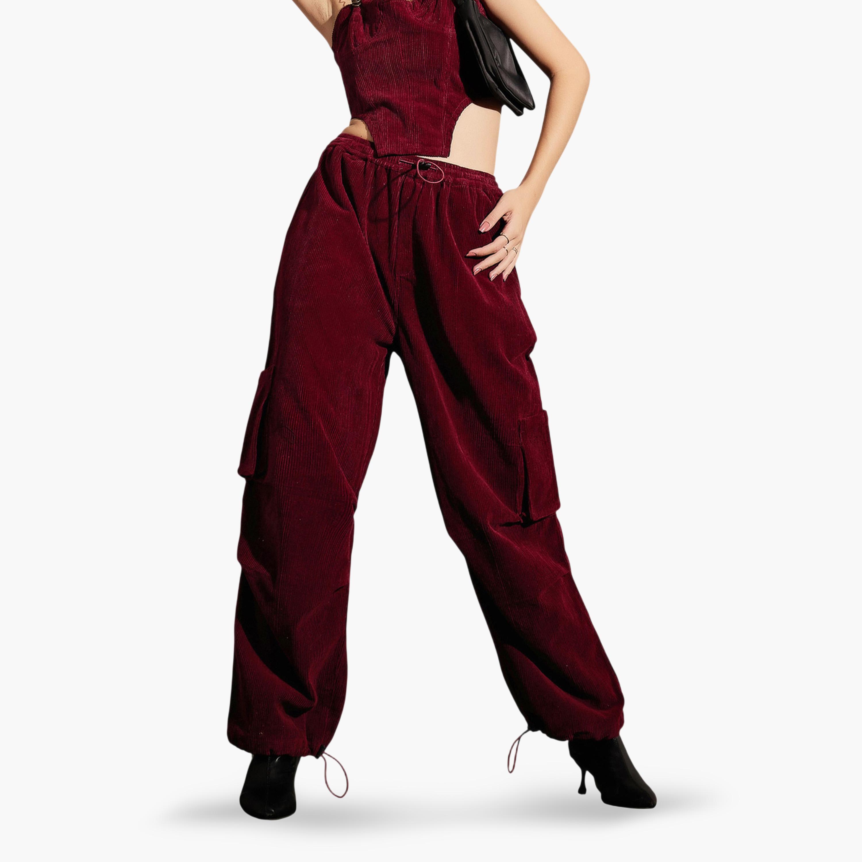 Sassafras X Styli Maroon Corduroy Cargo Pants-women-clothing-joggers-image-1