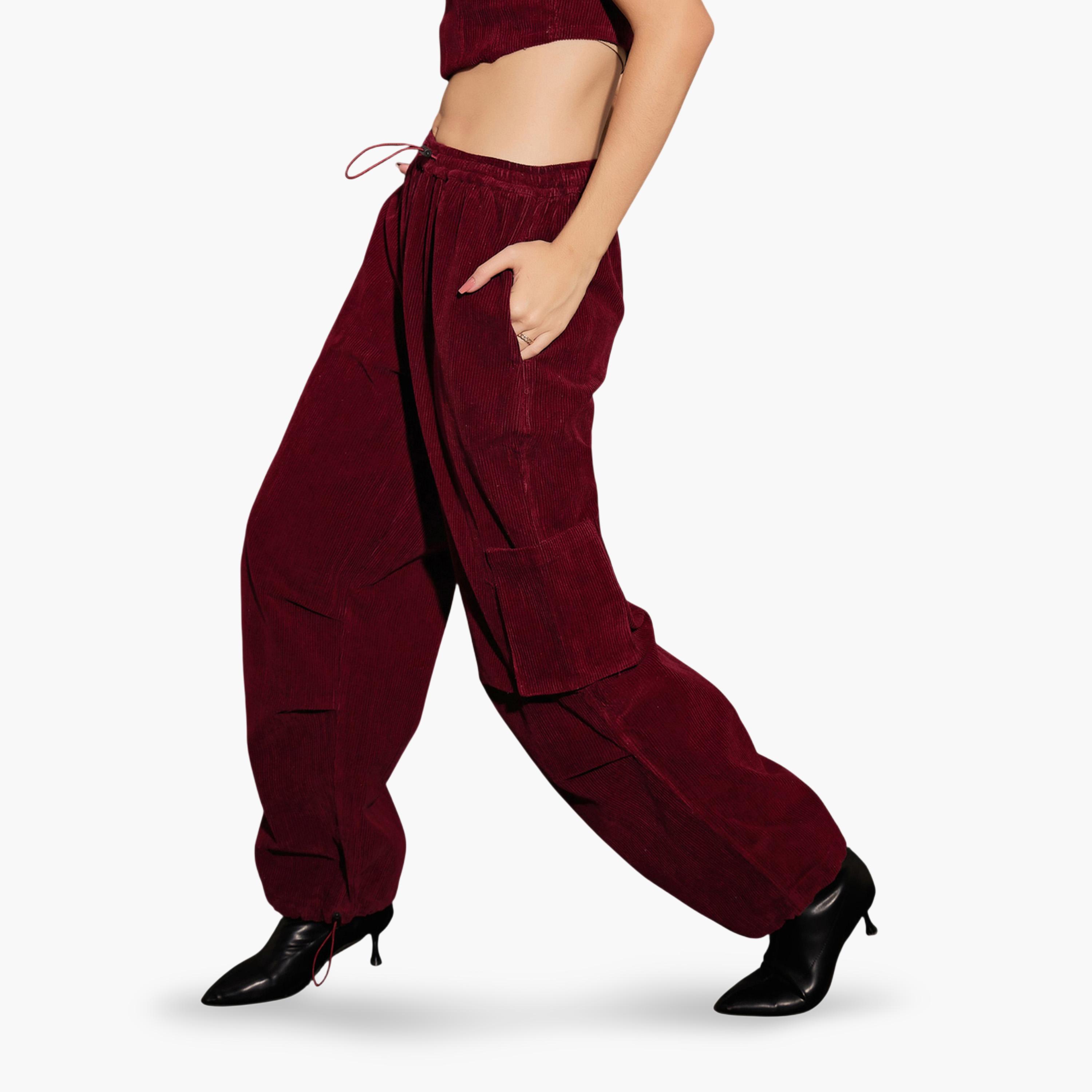 Sassafras X Styli Maroon Corduroy Cargo Pants-women-clothing-joggers-image-3