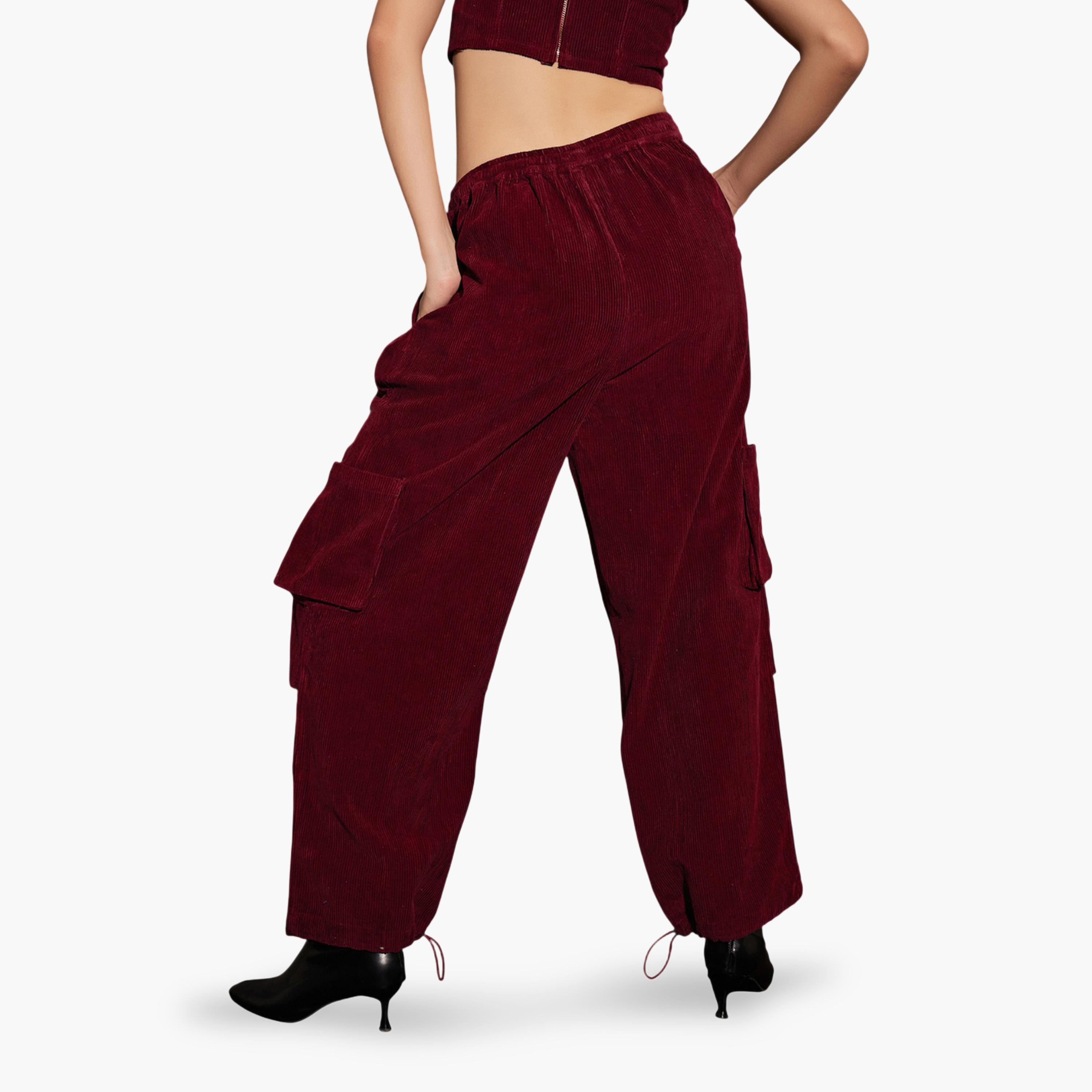 Sassafras X Styli Maroon Corduroy Cargo Pants-women-clothing-joggers-image-5