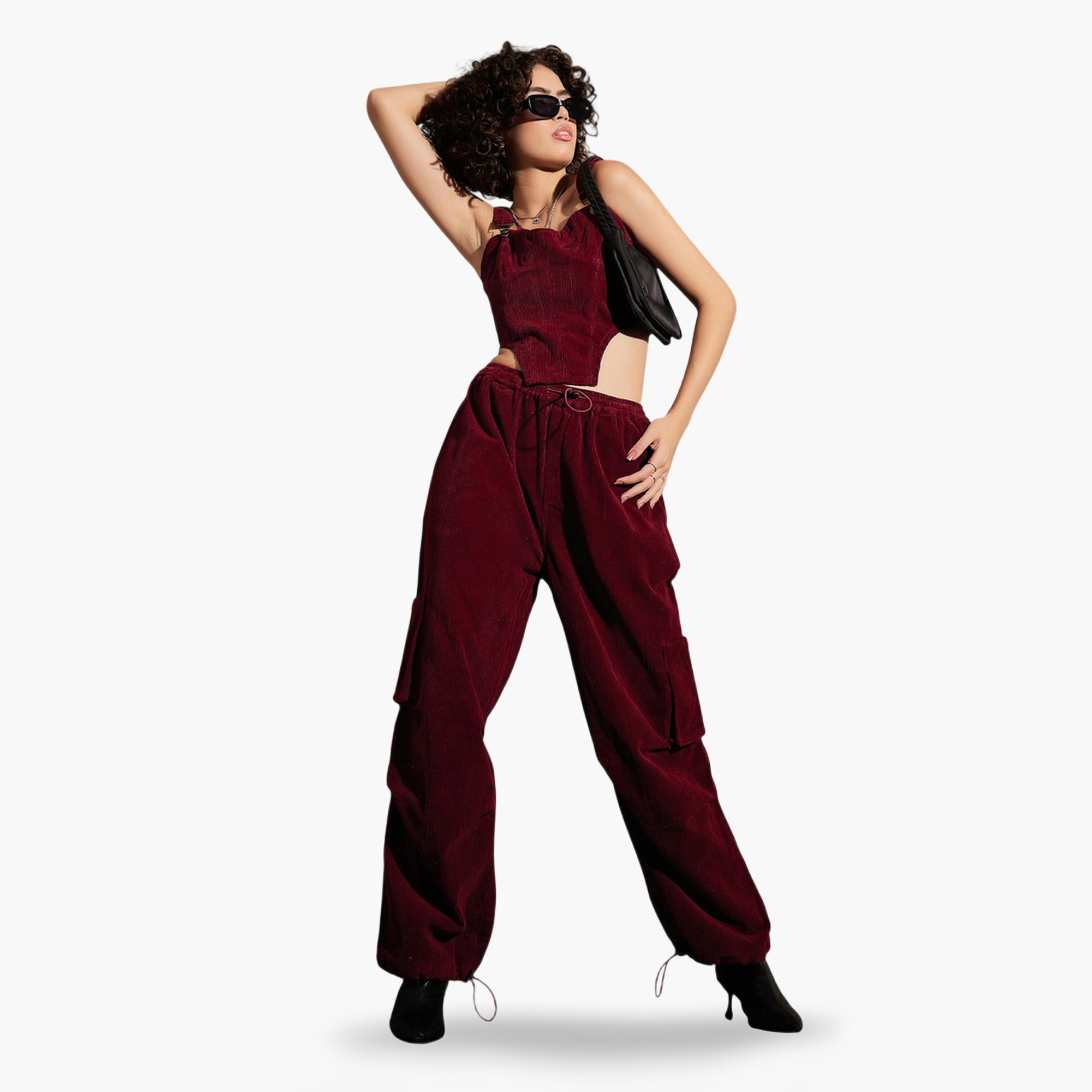 Sassafras X Styli Maroon Corduroy Cargo Pants-women-clothing-joggers-image-6