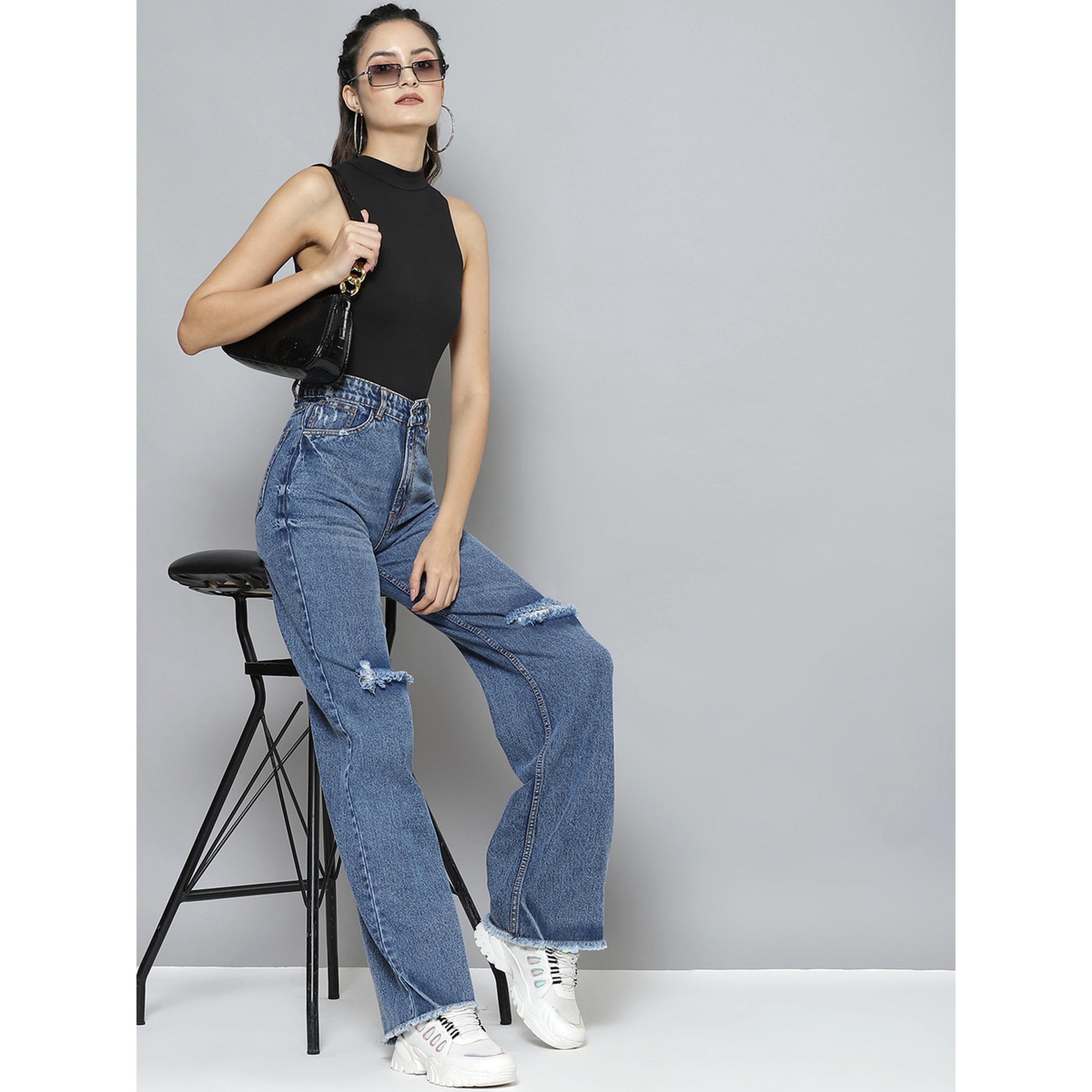 Sassafras X Styli Blue High-Rise Wide Leg Distressed Jeans-women-clothing-jeans-image-2