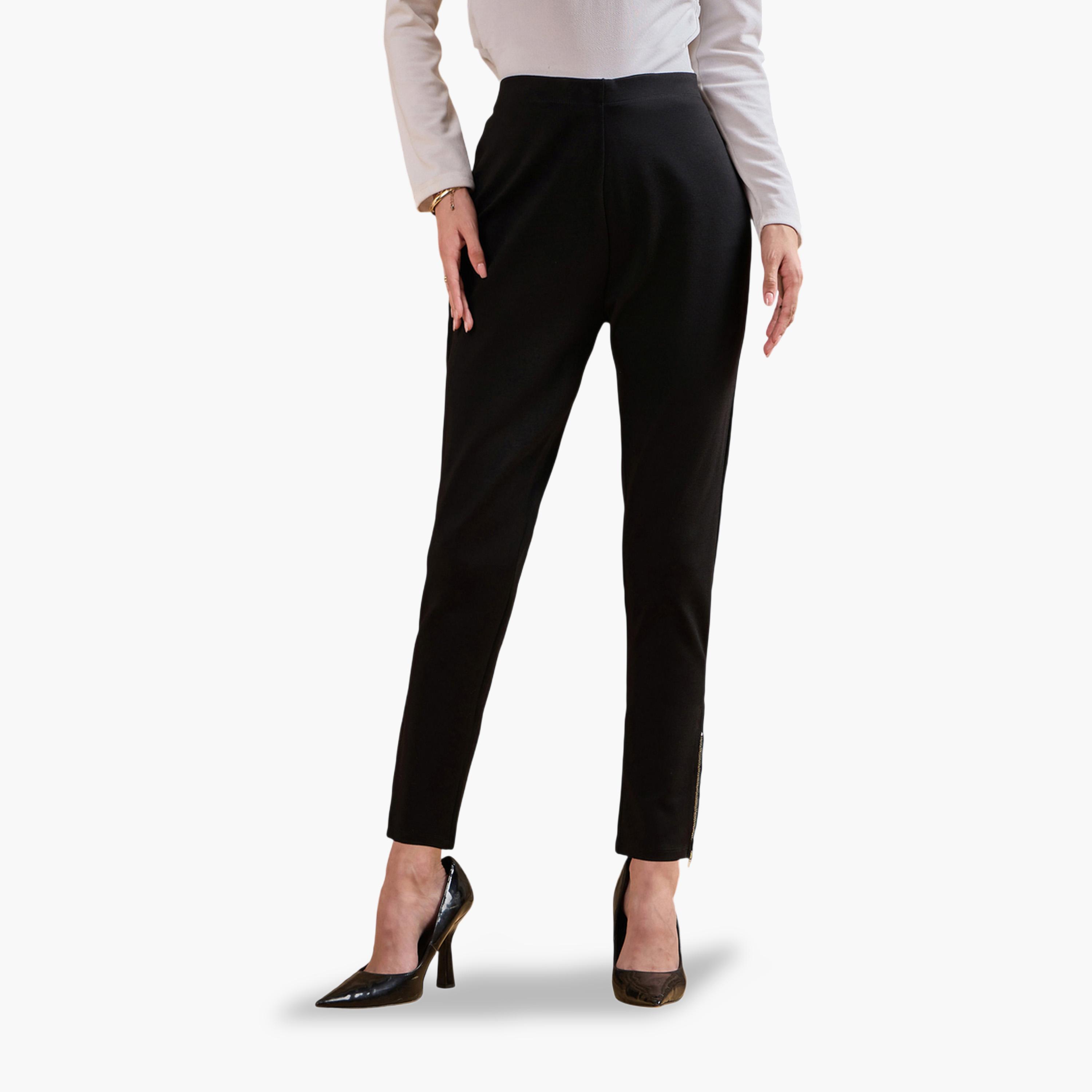ساسافراس × ستايلي - بنطال جينز ضيق أسود اللون بحافة مزودة بسحاب-women-clothing-leggings-image-1