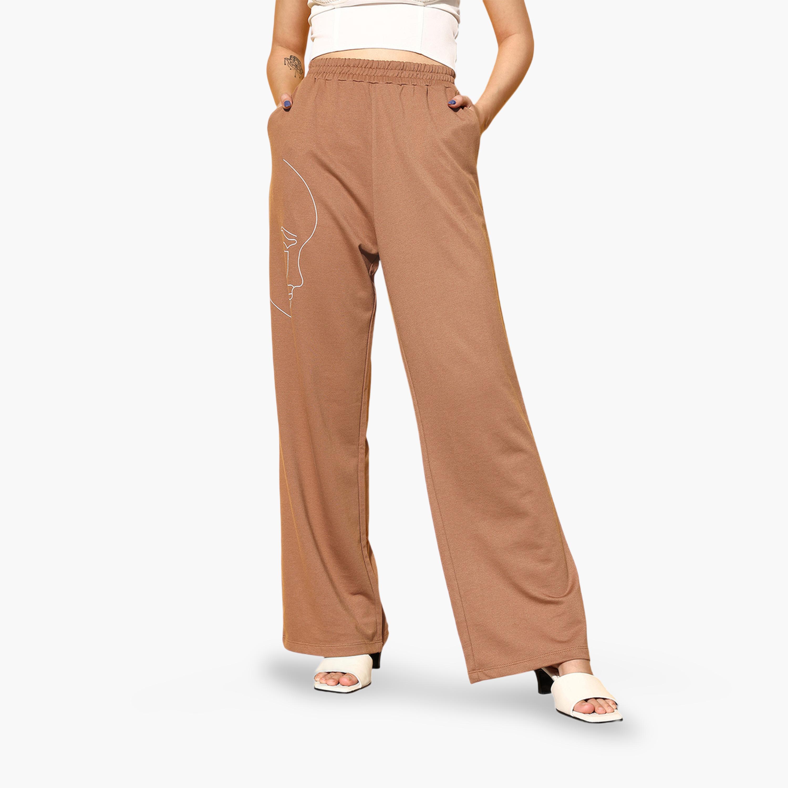 Sassafras X Styli Brown Abstract Line Art Wide-Leg Trousers-women-clothing-joggers-image-1