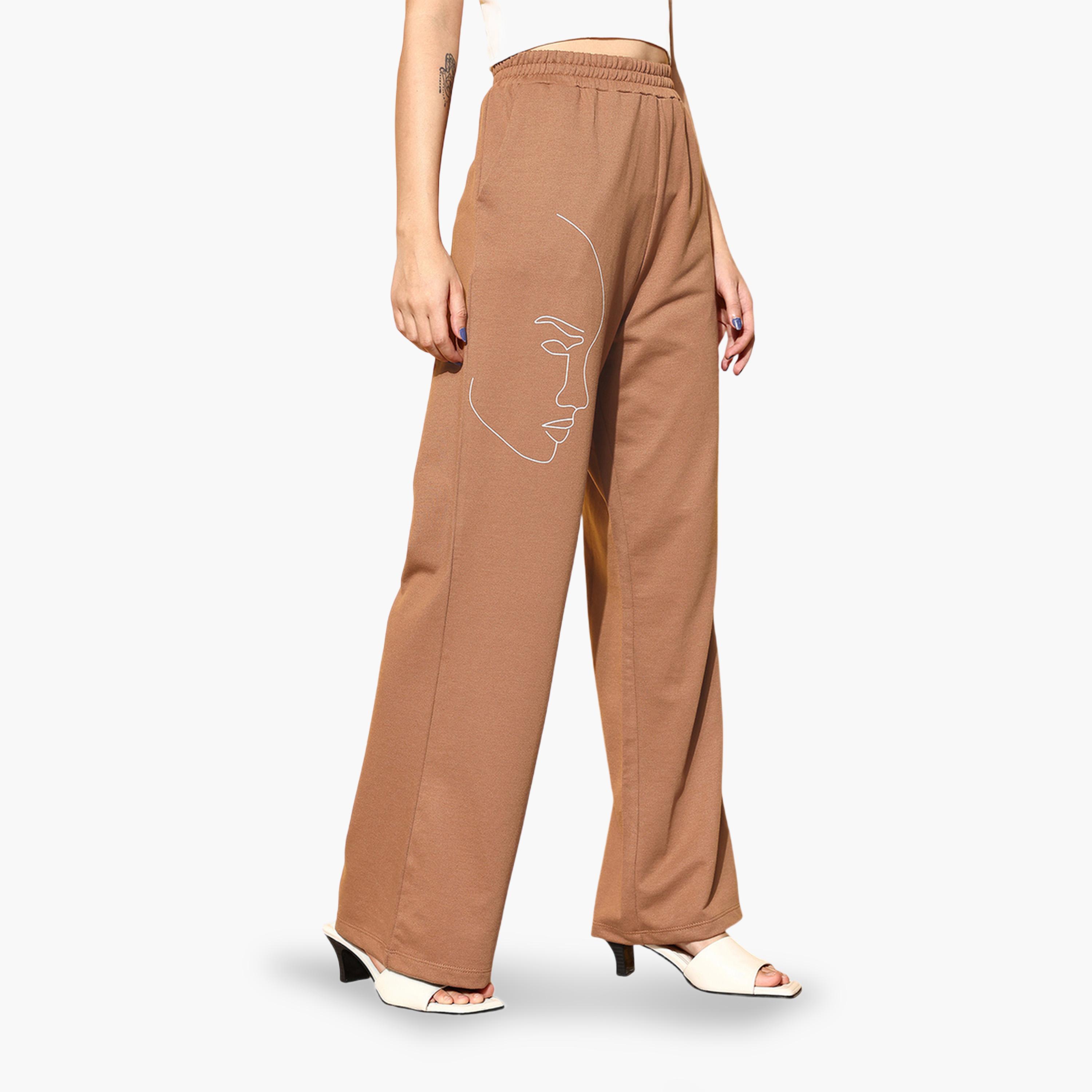 ساسافراس × ستايلي - بنطال واسع الساقين بنمط خطوط تجريدية بنية اللون-women-clothing-joggers-image-4