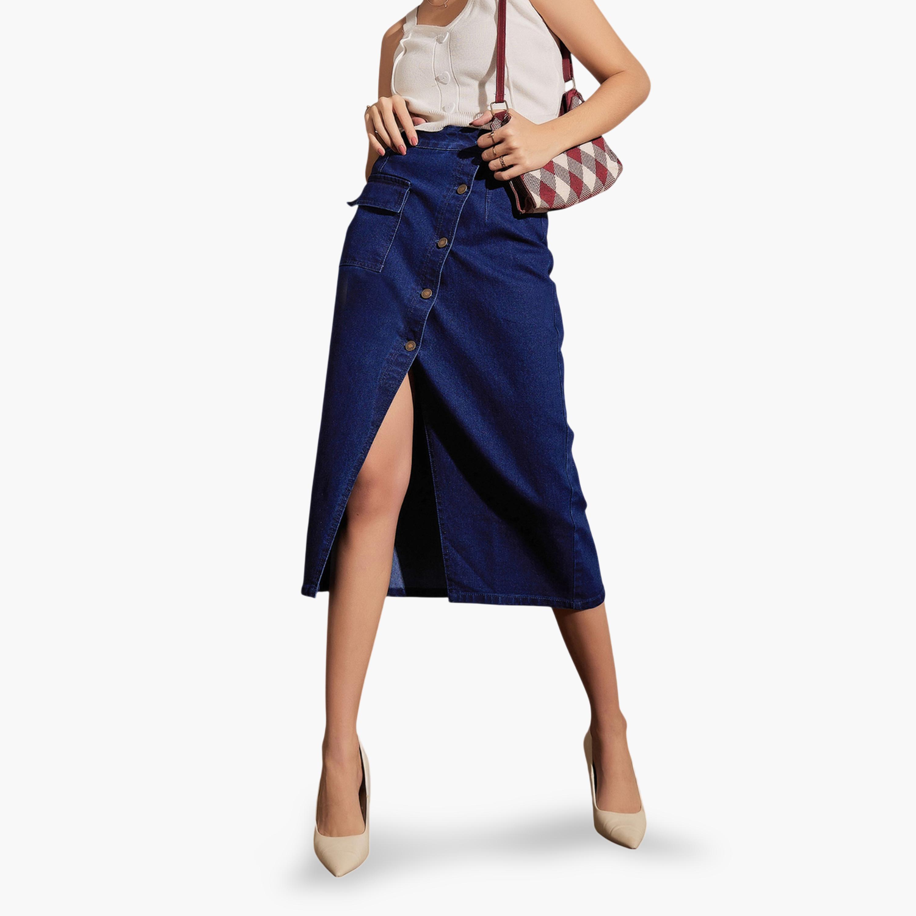Sassafras X Styli Modest A-Line Midi Denim Skirt with Front Buttons-women-clothing-skirts-image-1