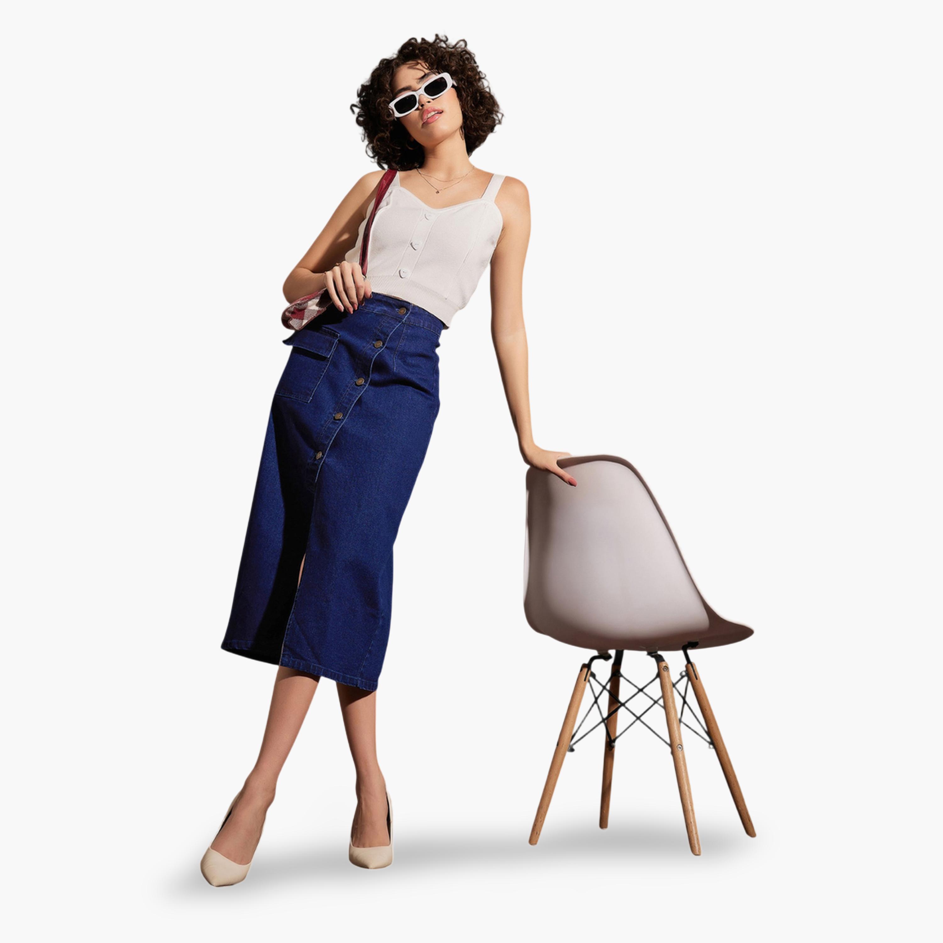 ساسافراس × ستايلي - تنورة جينز متوسطة الطول تصميم A محتشمة مع أزرار أمامية-women-clothing-skirts-image-2