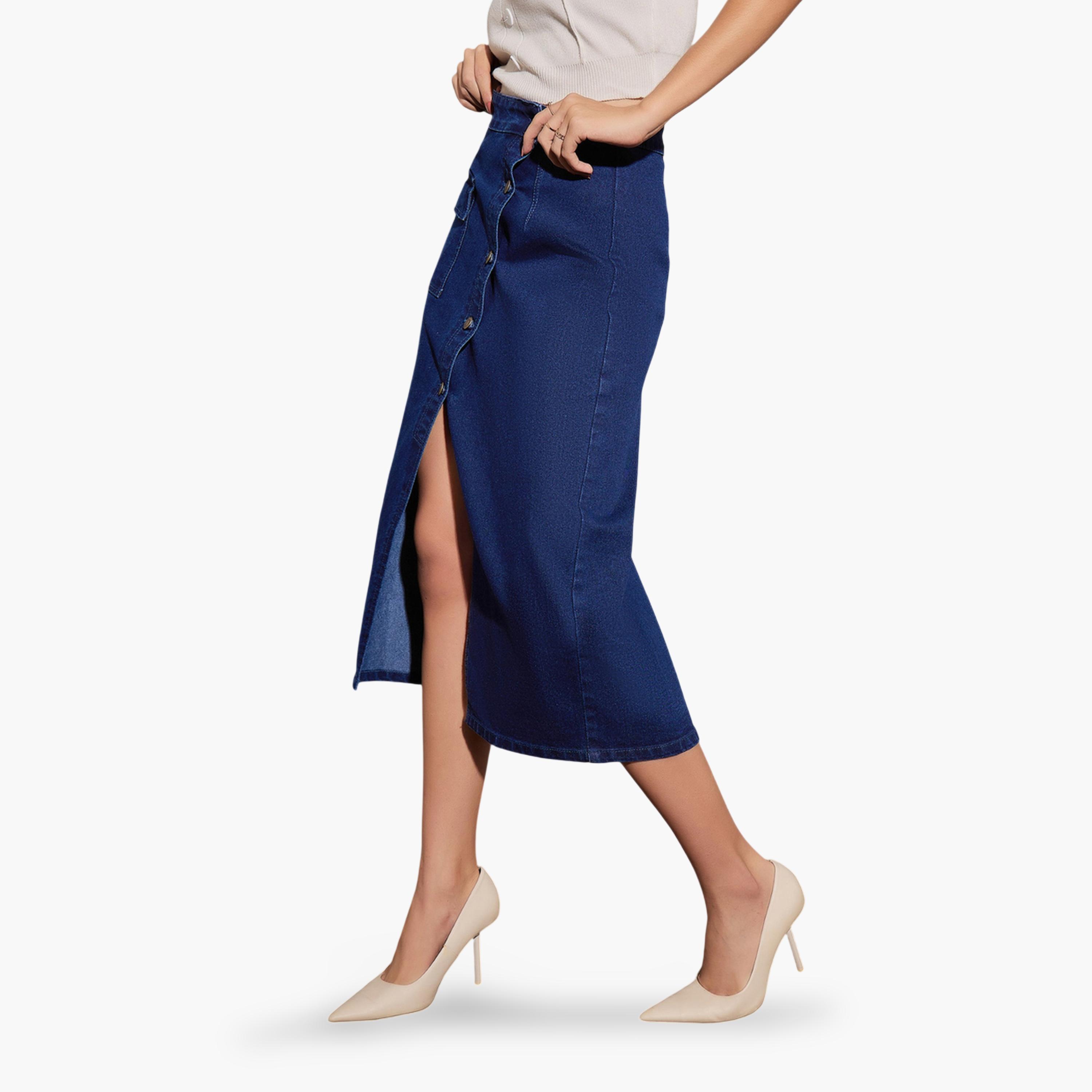 Sassafras X Styli Modest A-Line Midi Denim Skirt with Front Buttons-women-clothing-skirts-image-3