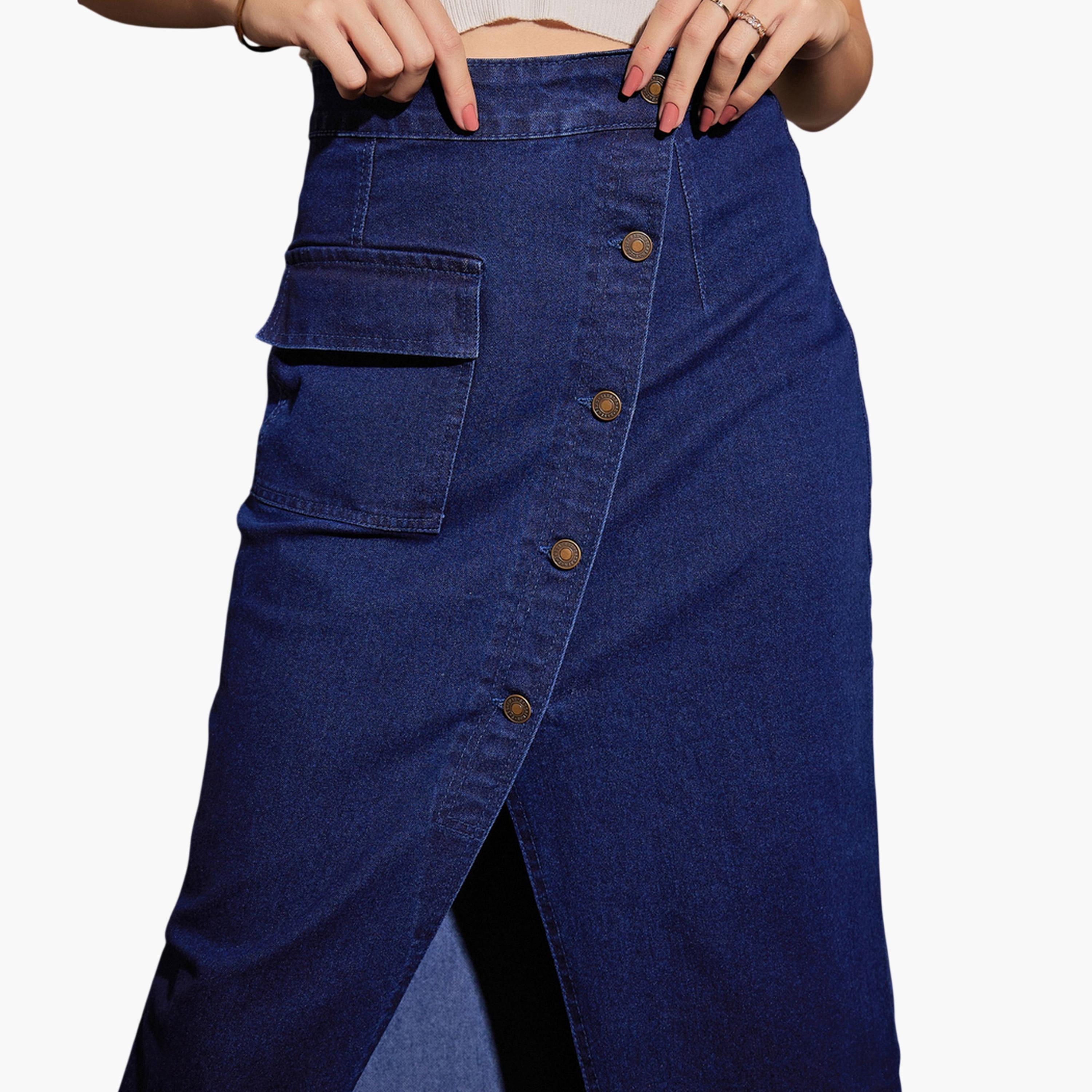 Sassafras X Styli Modest A-Line Midi Denim Skirt with Front Buttons-women-clothing-skirts-image-4