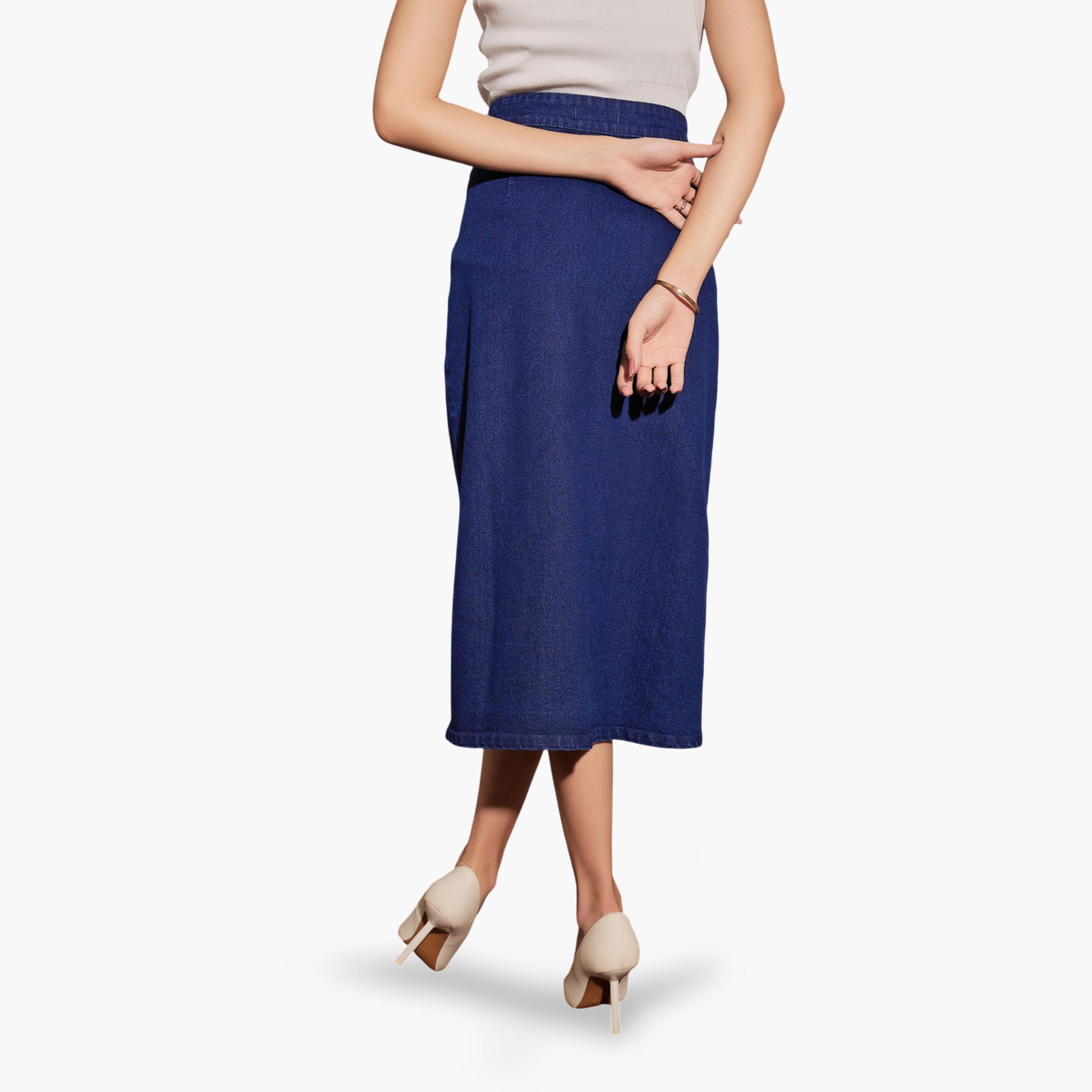 Sassafras X Styli Modest A-Line Midi Denim Skirt with Front Buttons-women-clothing-skirts-image-5