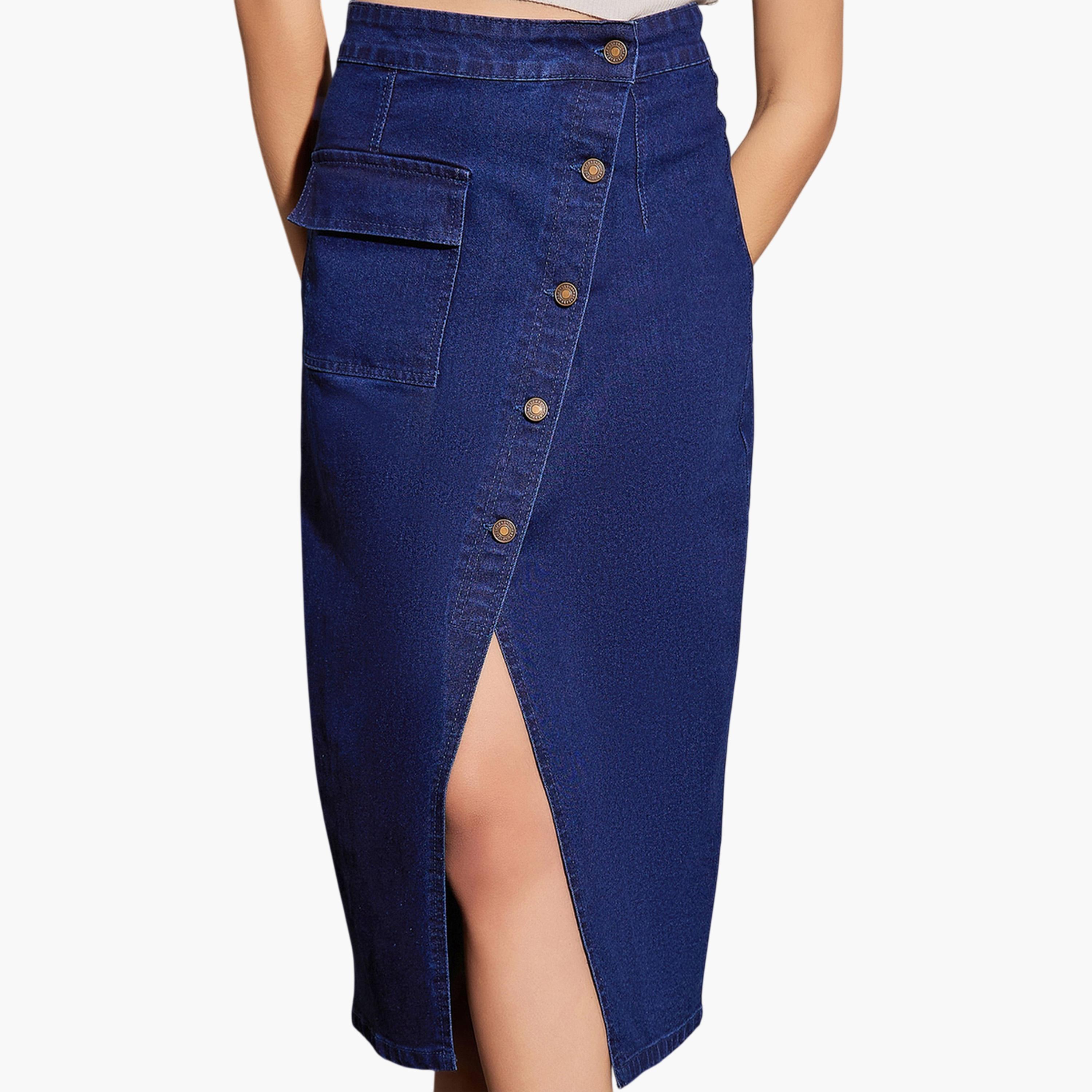 Sassafras X Styli Modest A-Line Midi Denim Skirt with Front Buttons-women-clothing-skirts-image-6