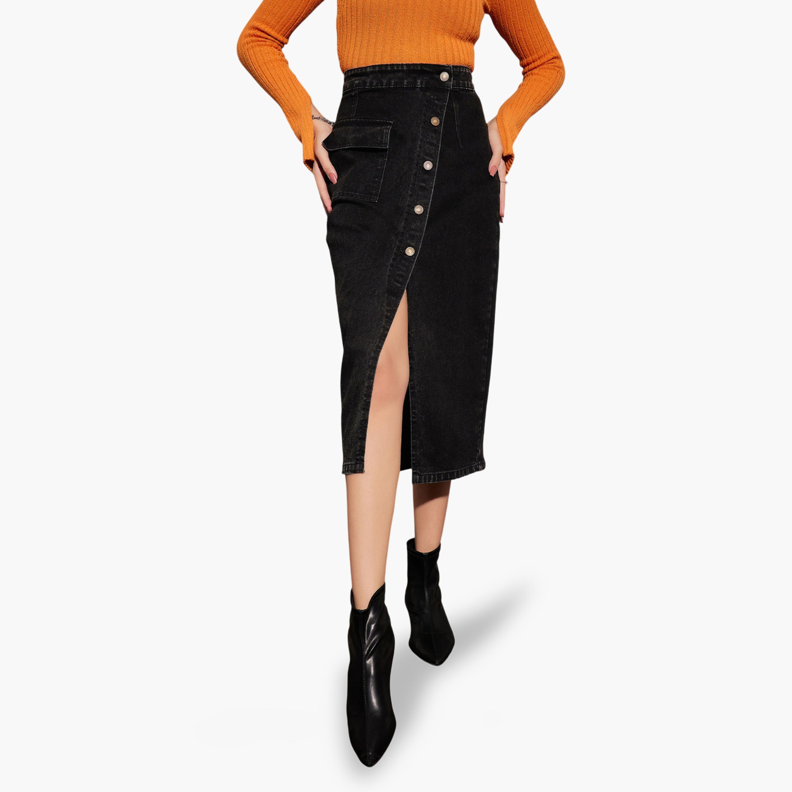 ساسافراس × ستايلي - تنورة متوسط الطول سوداء باهتة تصميم  A مع أزرار أمامية-women-clothing-skirts-image-1