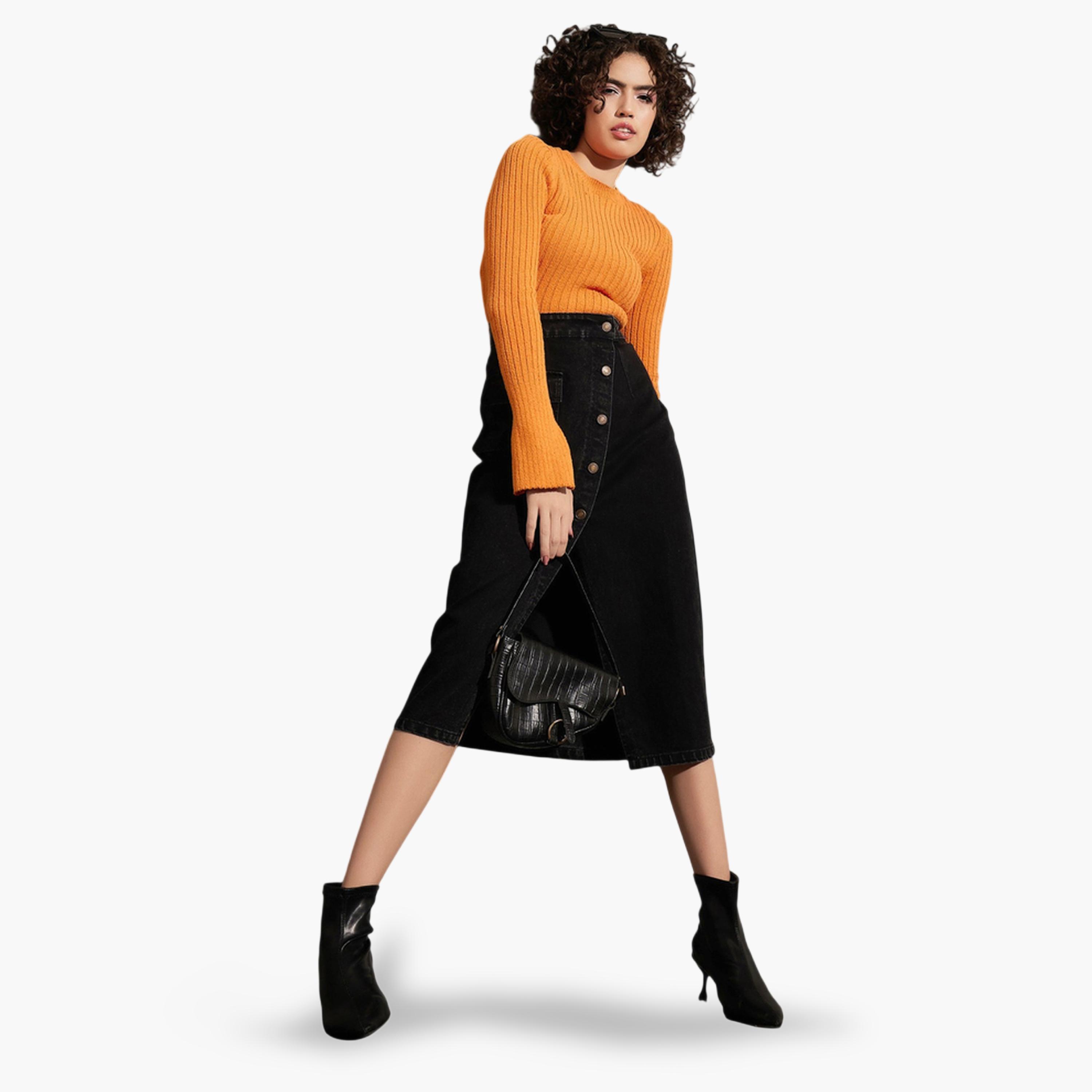 Sassafras X Styli Washed Black A-Line Midi Skirt with Front Buttons-women-clothing-skirts-image-2