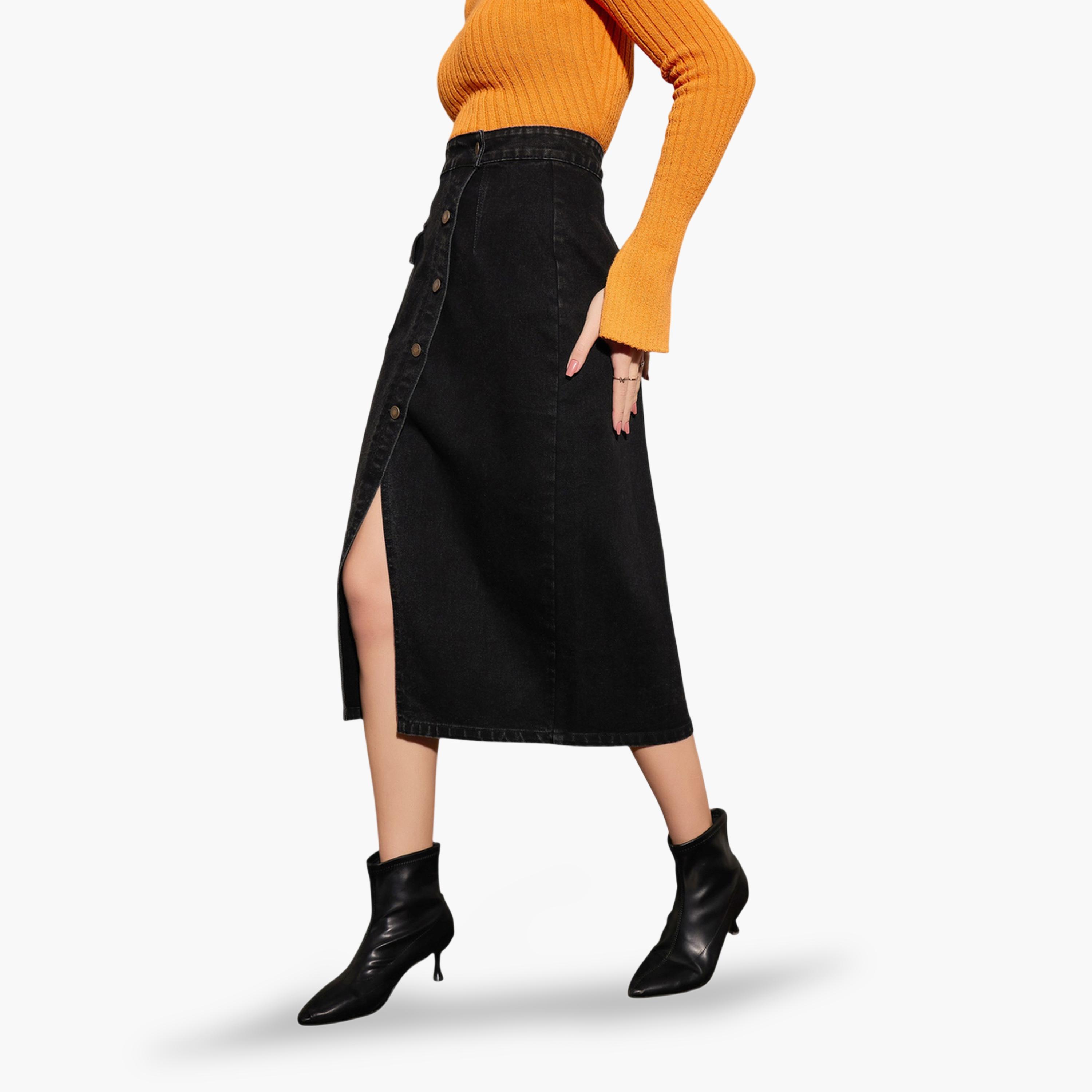 ساسافراس × ستايلي - تنورة متوسط الطول سوداء باهتة تصميم  A مع أزرار أمامية-women-clothing-skirts-image-3