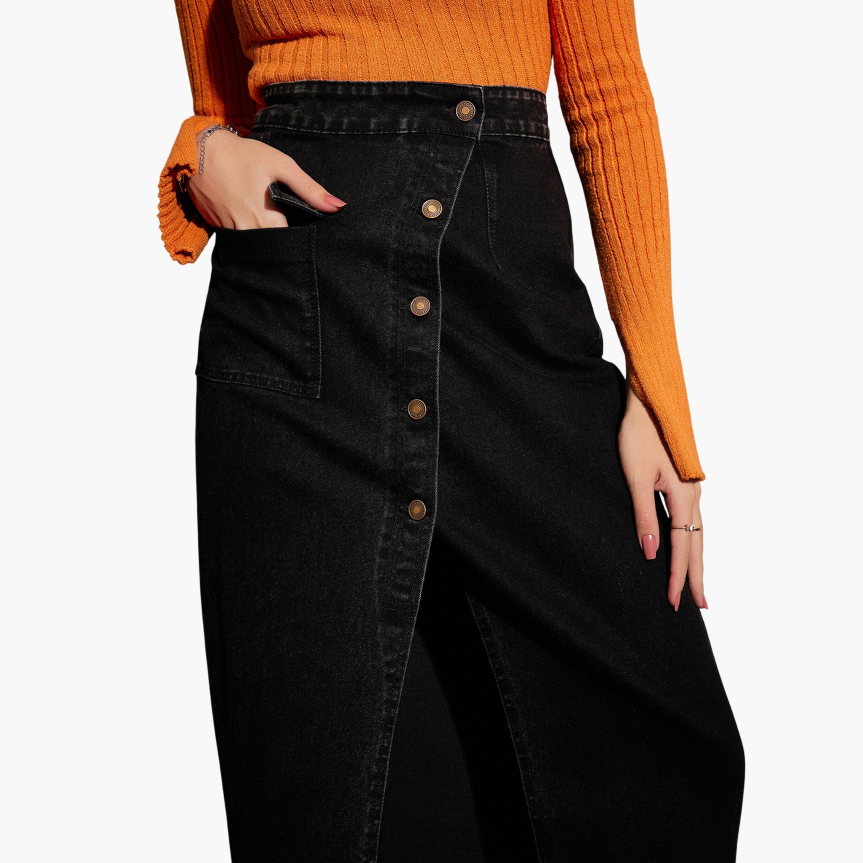 ساسافراس × ستايلي - تنورة متوسط الطول سوداء باهتة تصميم  A مع أزرار أمامية-women-clothing-skirts-image-4