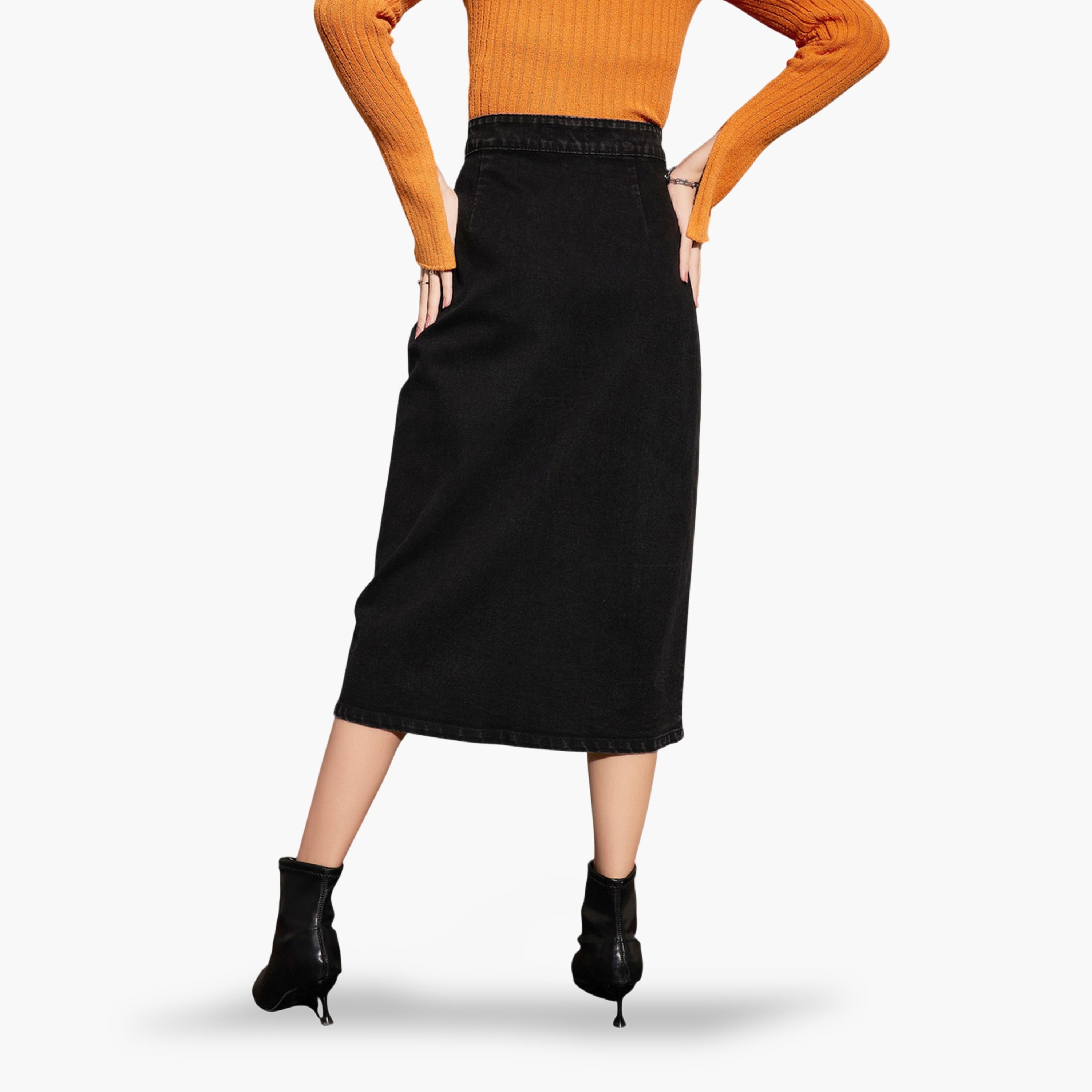 ساسافراس × ستايلي - تنورة متوسط الطول سوداء باهتة تصميم  A مع أزرار أمامية-women-clothing-skirts-image-5