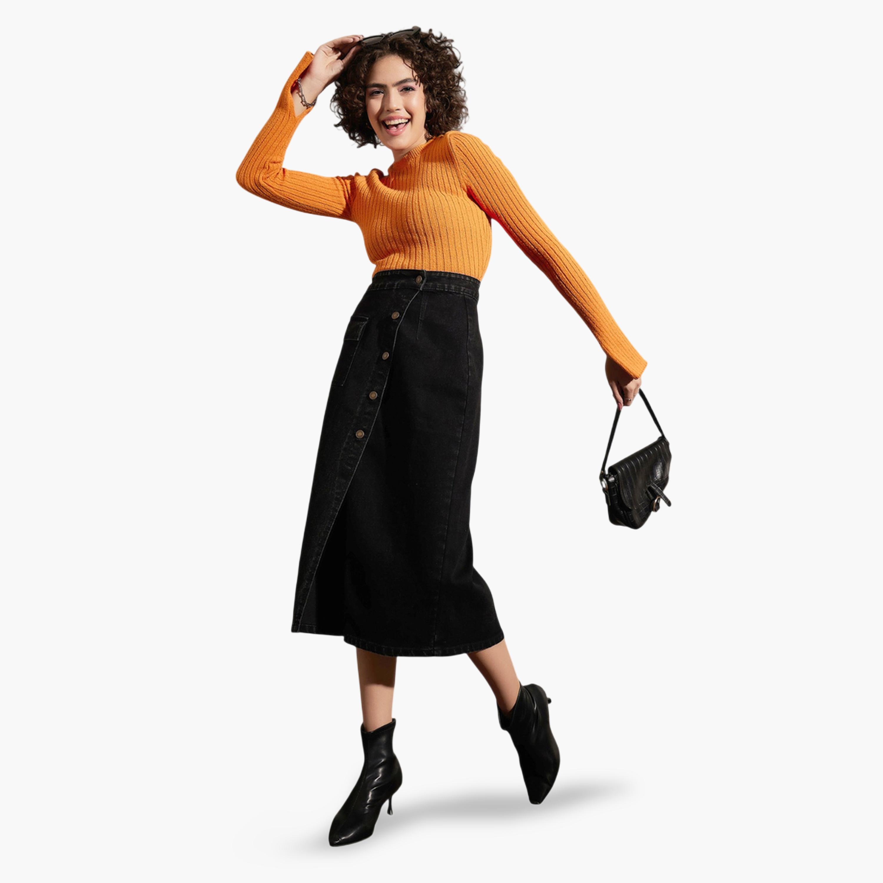 Sassafras X Styli Washed Black A-Line Midi Skirt with Front Buttons-women-clothing-skirts-image-6