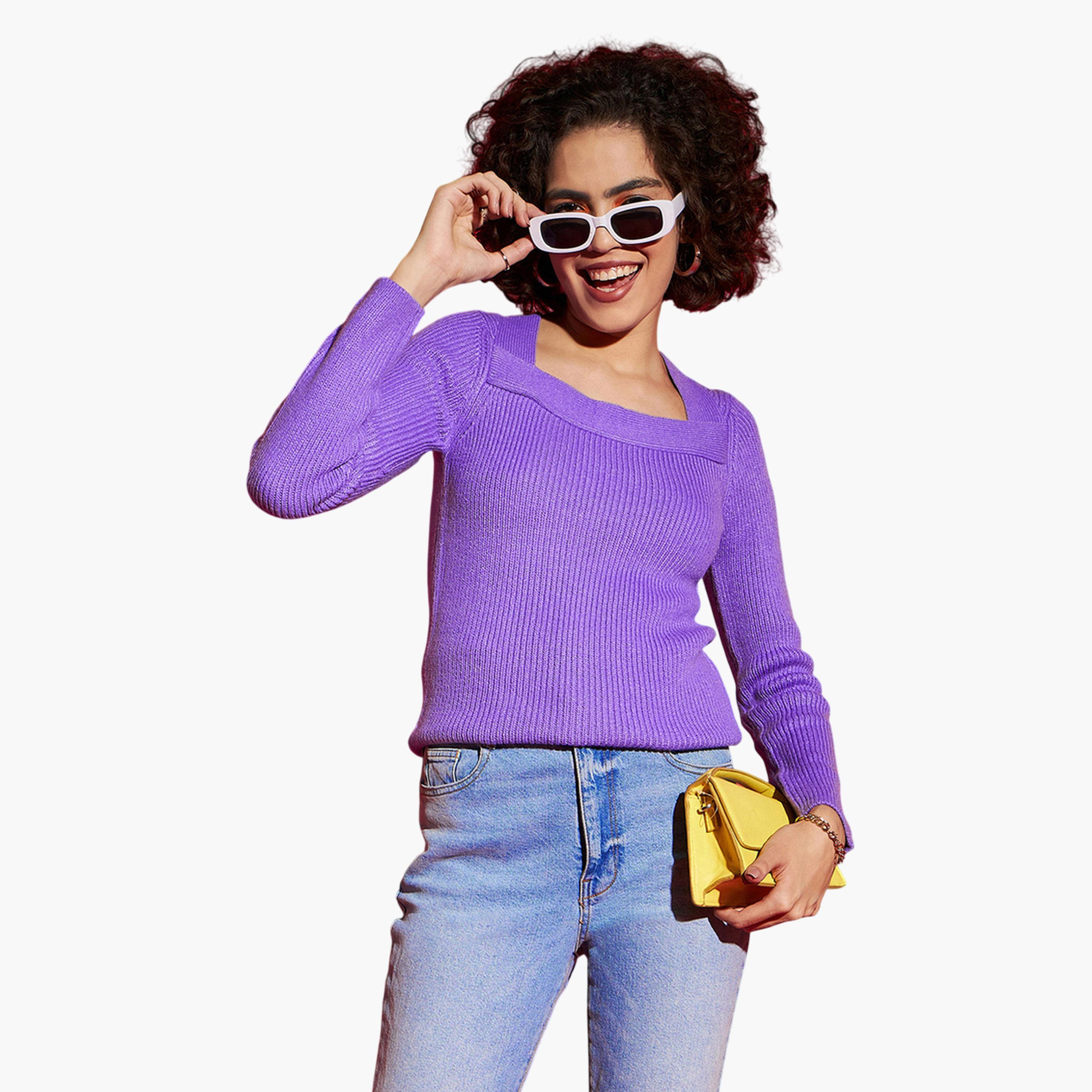 كنزة بنفسجية بتفاصيل مضلعة وياقة مربعة-women-clothing-cardigansandjumpers-jumpers-image-1