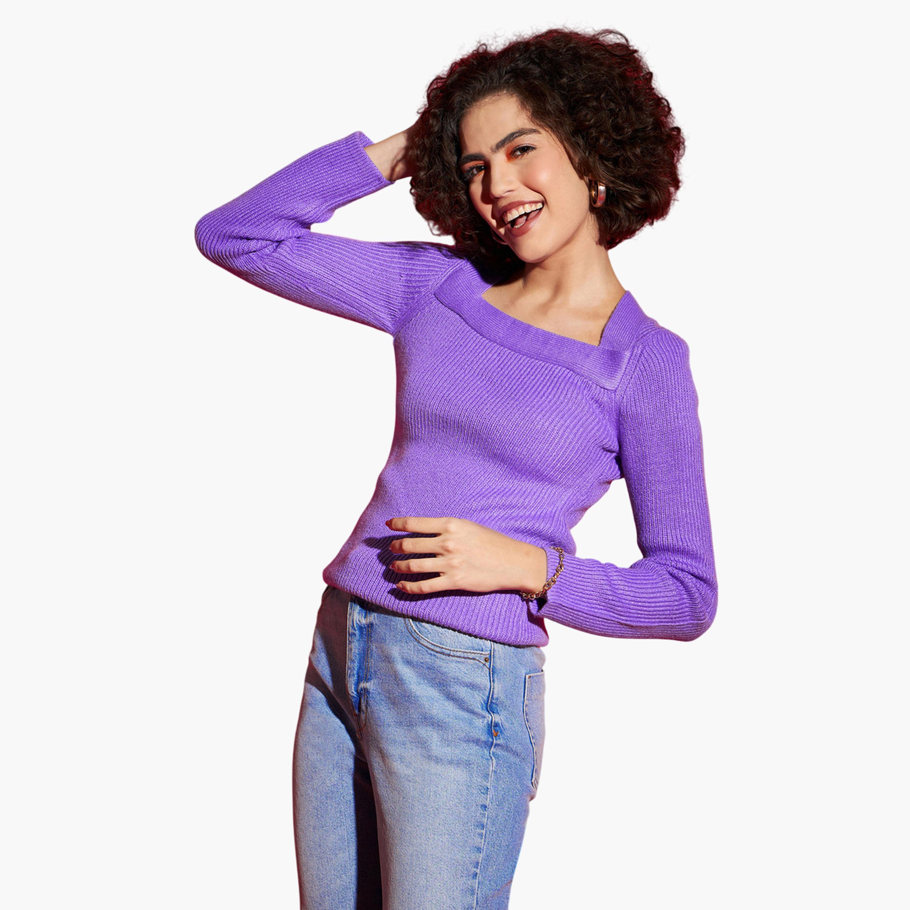 كنزة بنفسجية بتفاصيل مضلعة وياقة مربعة-women-clothing-cardigansandjumpers-jumpers-image-3