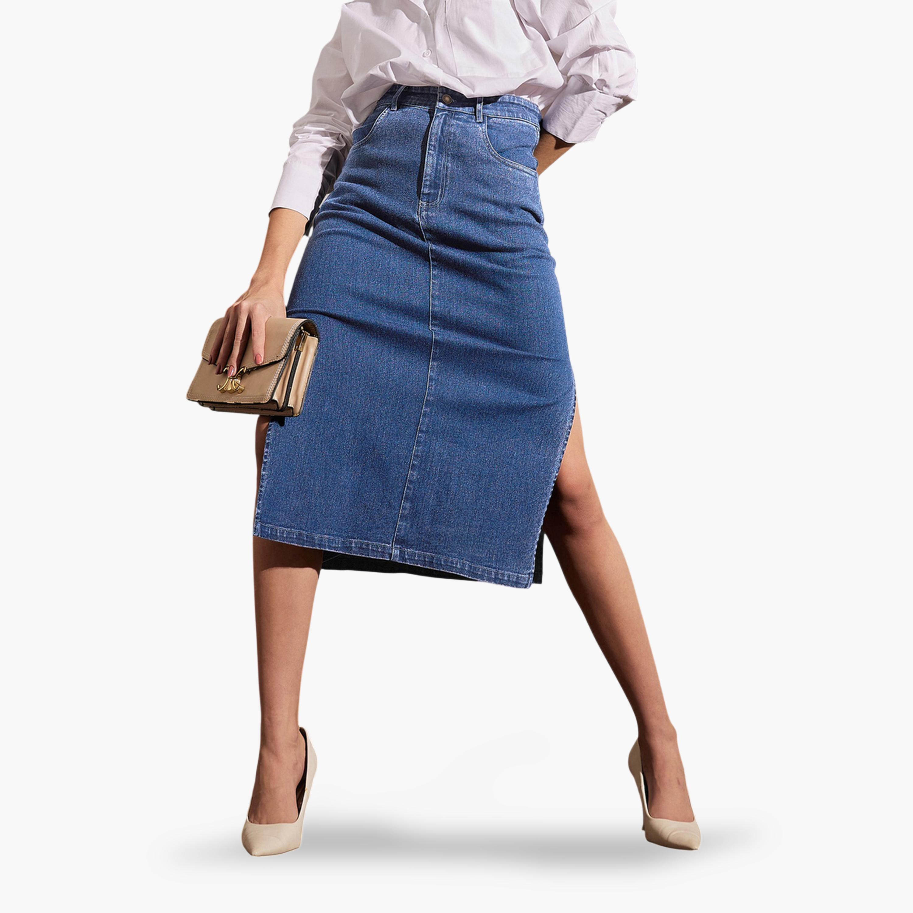 ساسافراس × ستايلي - تنورة جينز زرقاء ضيقة فتحة جانبية-women-clothing-skirts-image-1
