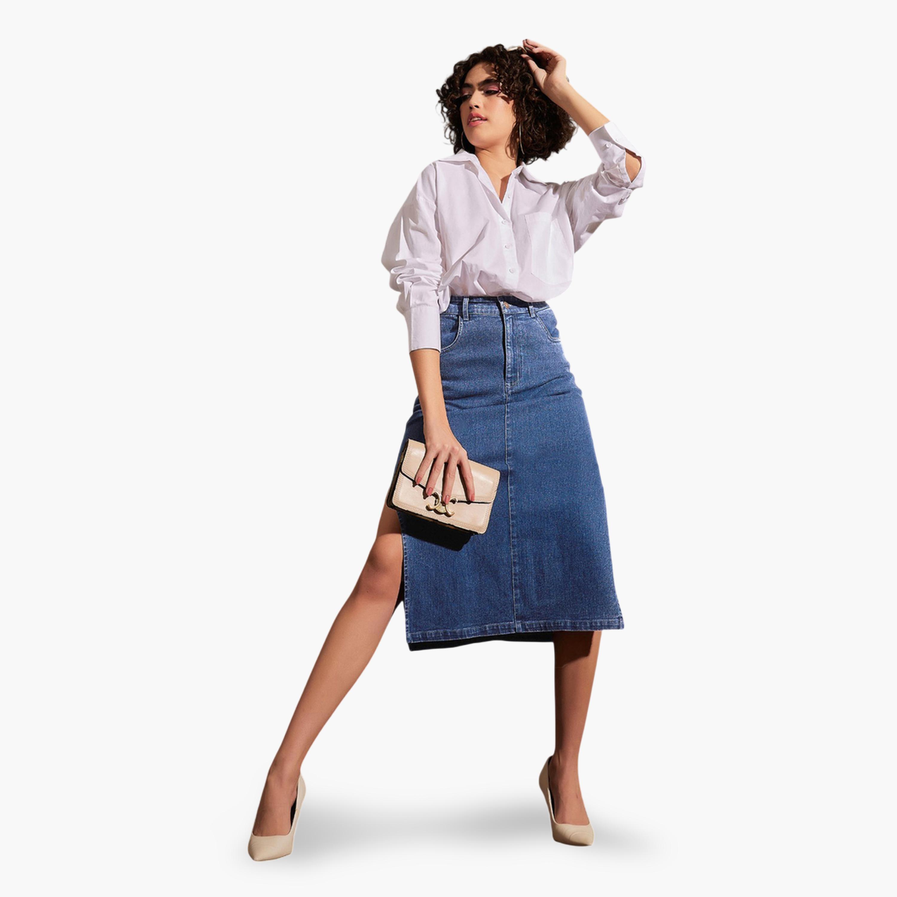 ساسافراس × ستايلي - تنورة جينز زرقاء ضيقة فتحة جانبية-women-clothing-skirts-image-2