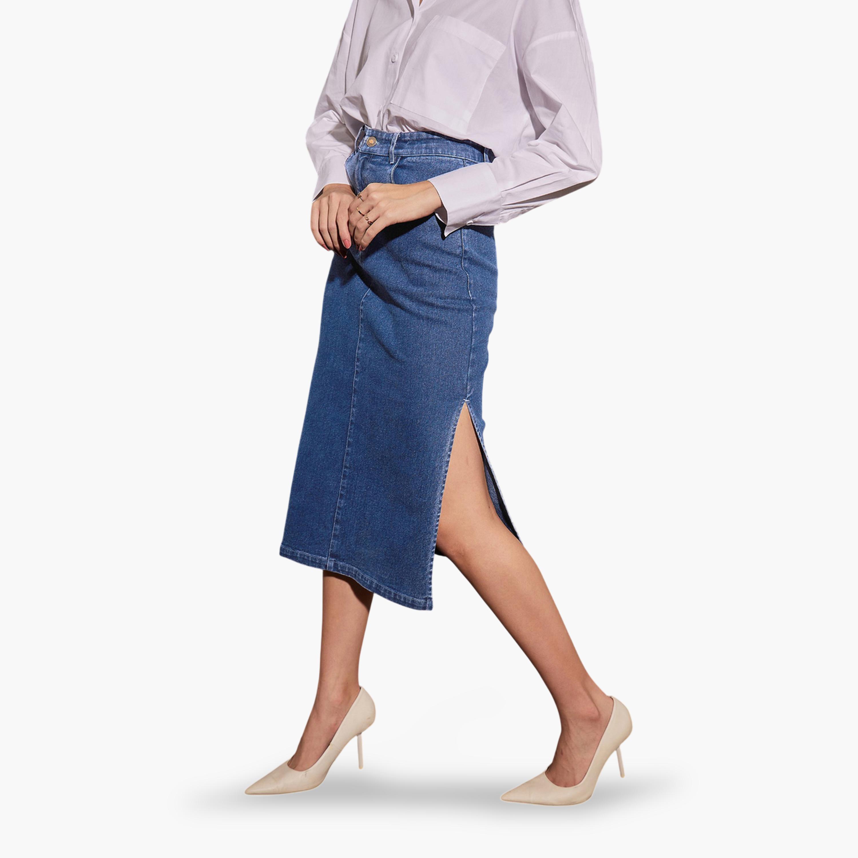 ساسافراس × ستايلي - تنورة جينز زرقاء ضيقة فتحة جانبية-women-clothing-skirts-image-3