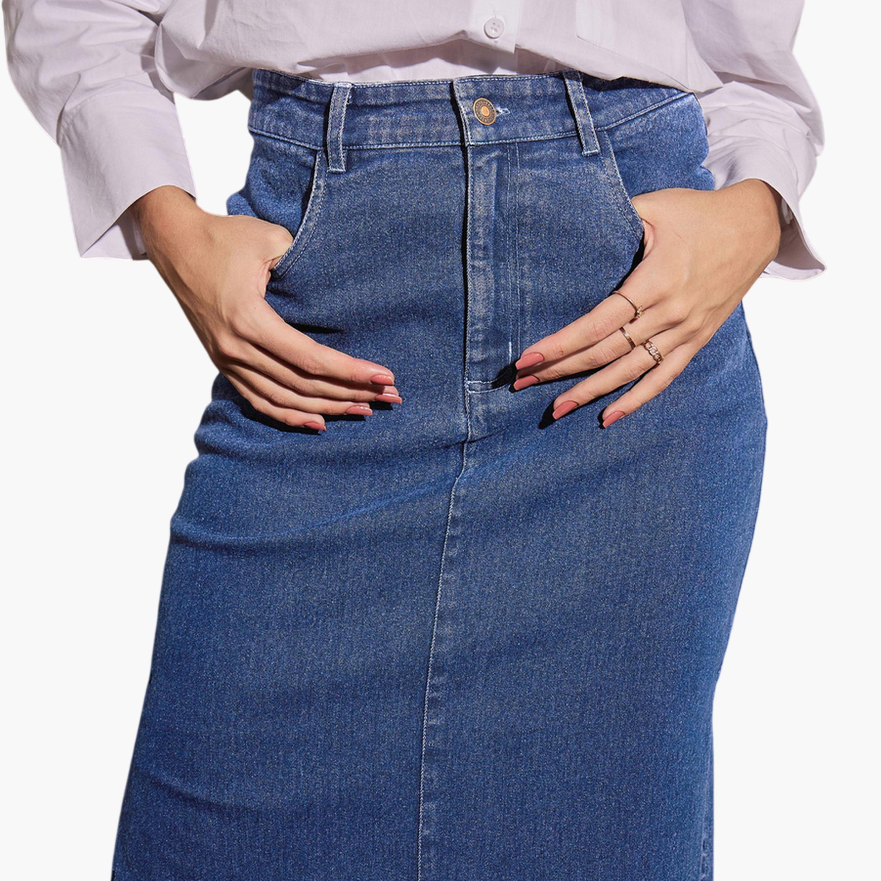 ساسافراس × ستايلي - تنورة جينز زرقاء ضيقة فتحة جانبية-women-clothing-skirts-image-4
